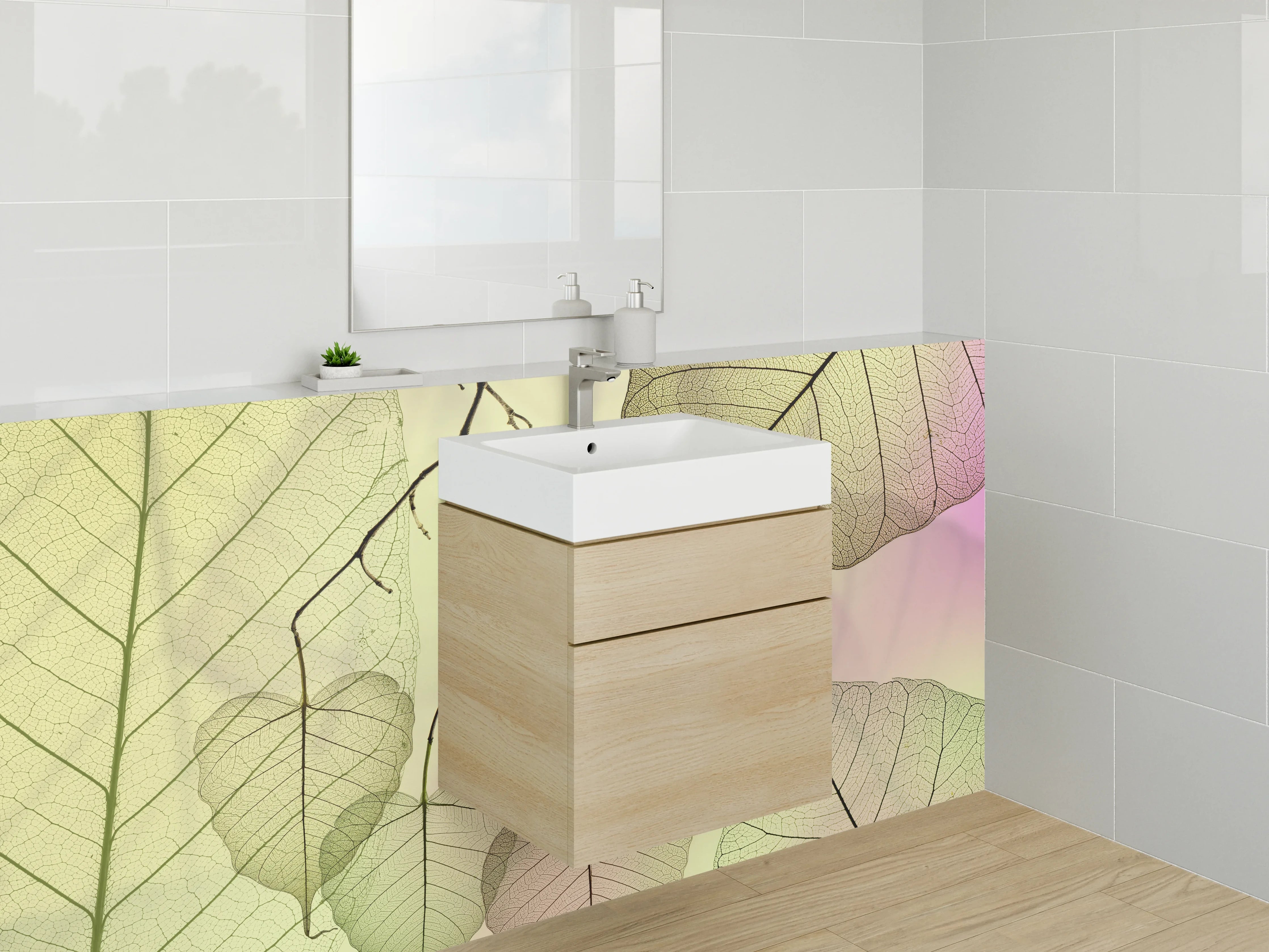 Waschbecken-Rückwand - Zarte Blätter Transparenz Pastelltrend