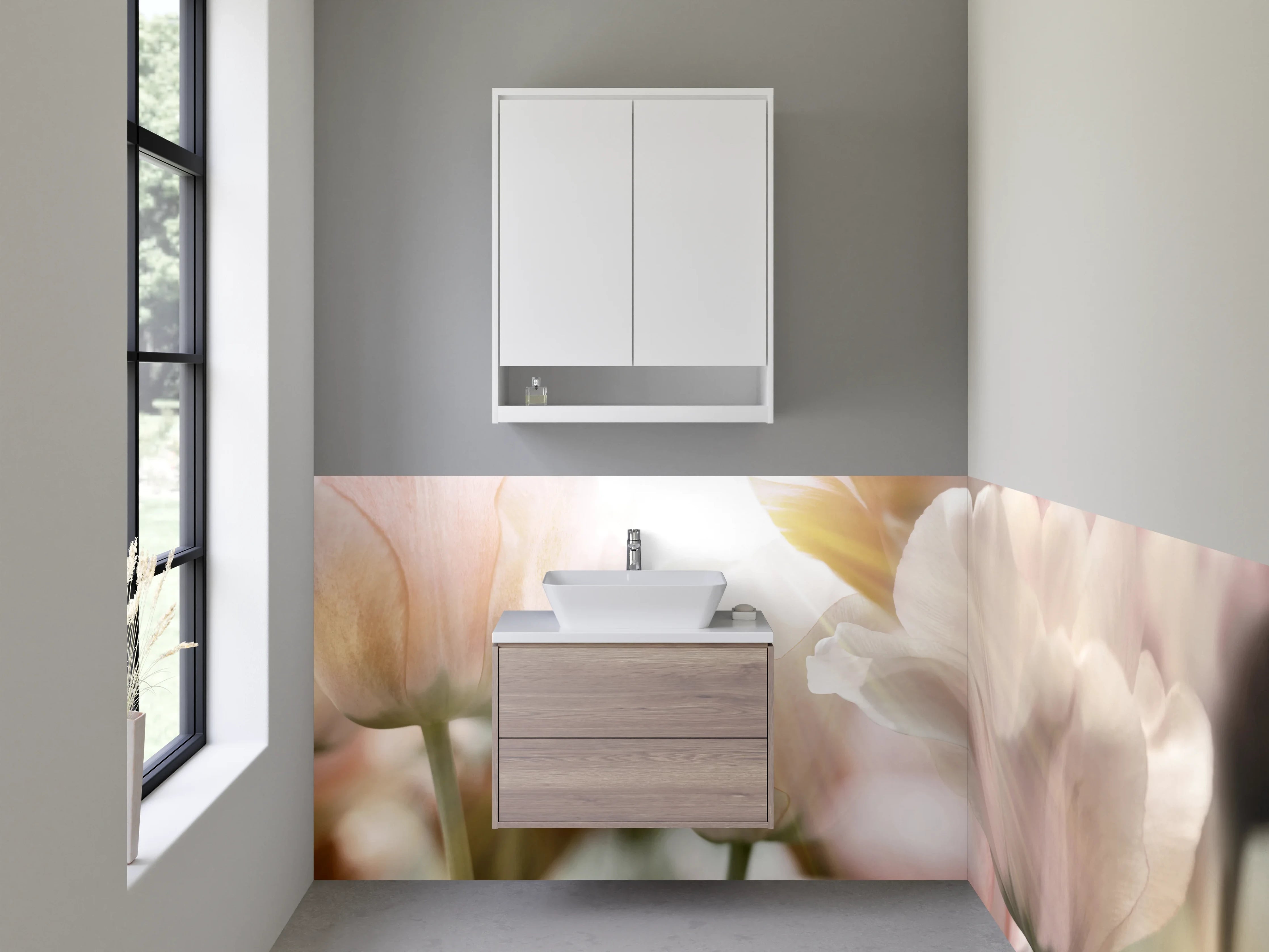 Waschbecken-Rückwand - Zarte Blüten im warmen Grau