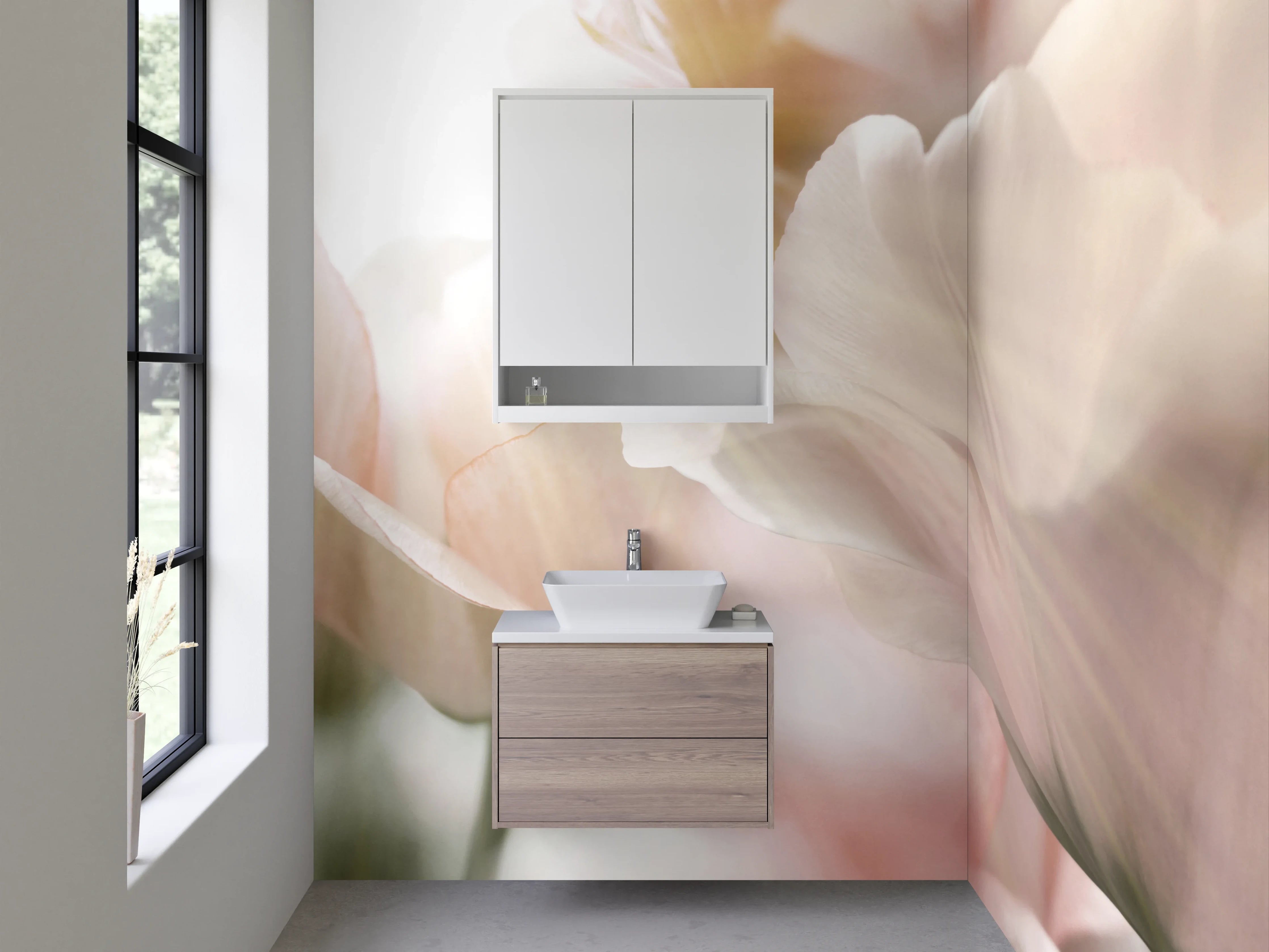 Waschbecken-Rückwand - Zarte Blüten im warmen Grau