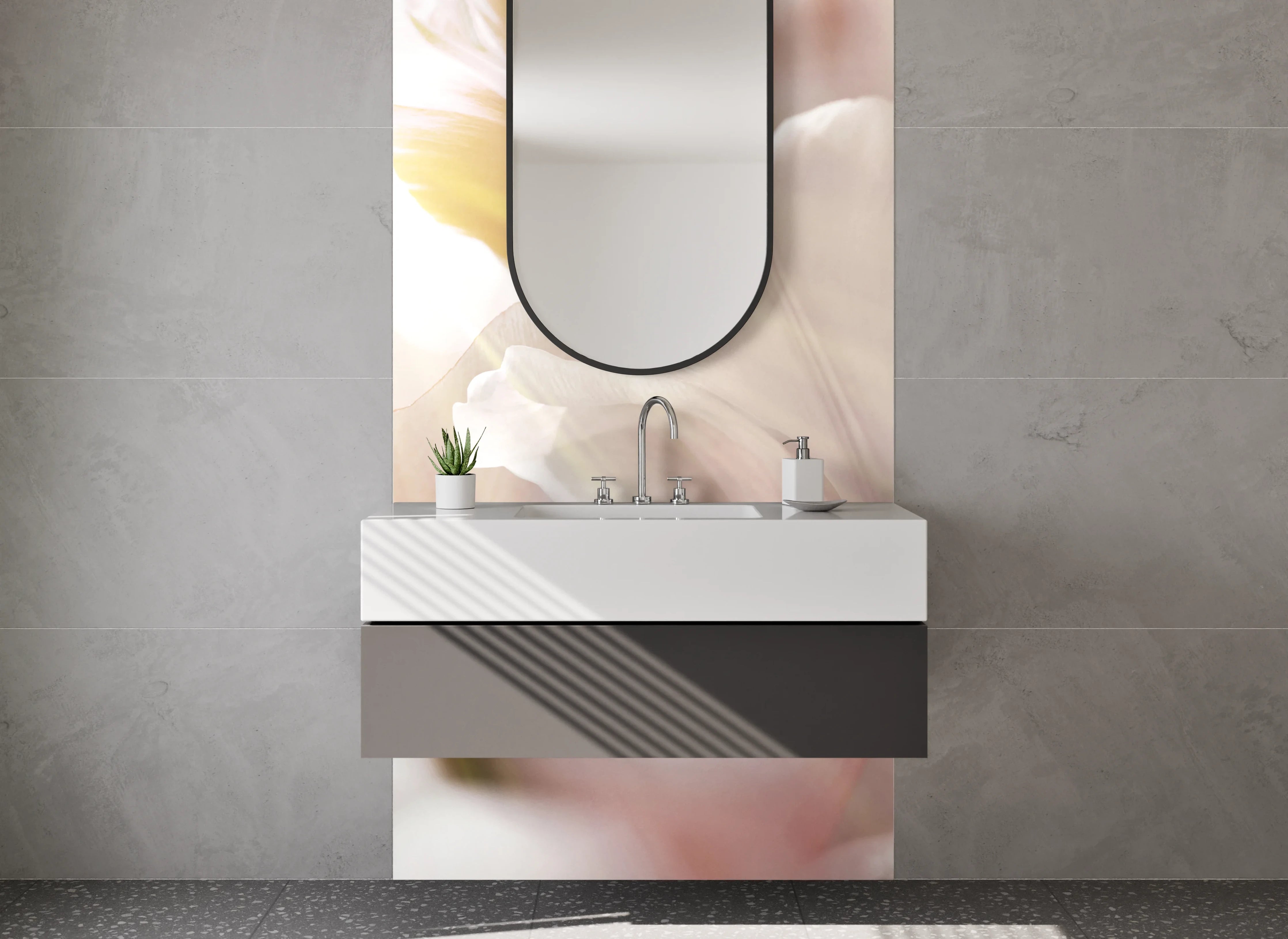 Waschbecken-Rückwand - Zarte Blüten im warmen Grau