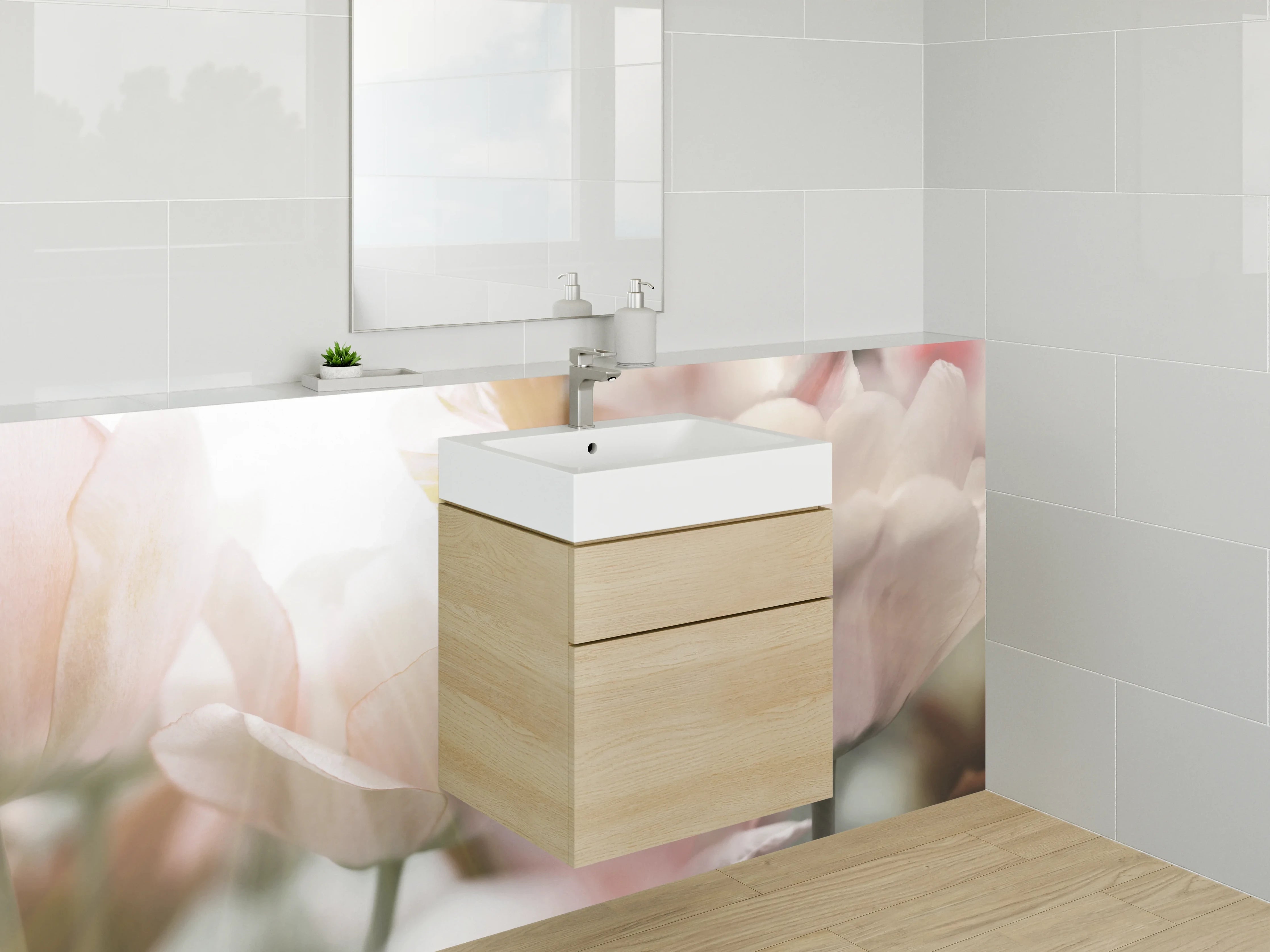 Waschbecken-Rückwand - Zarte Blüten im warmen Grau