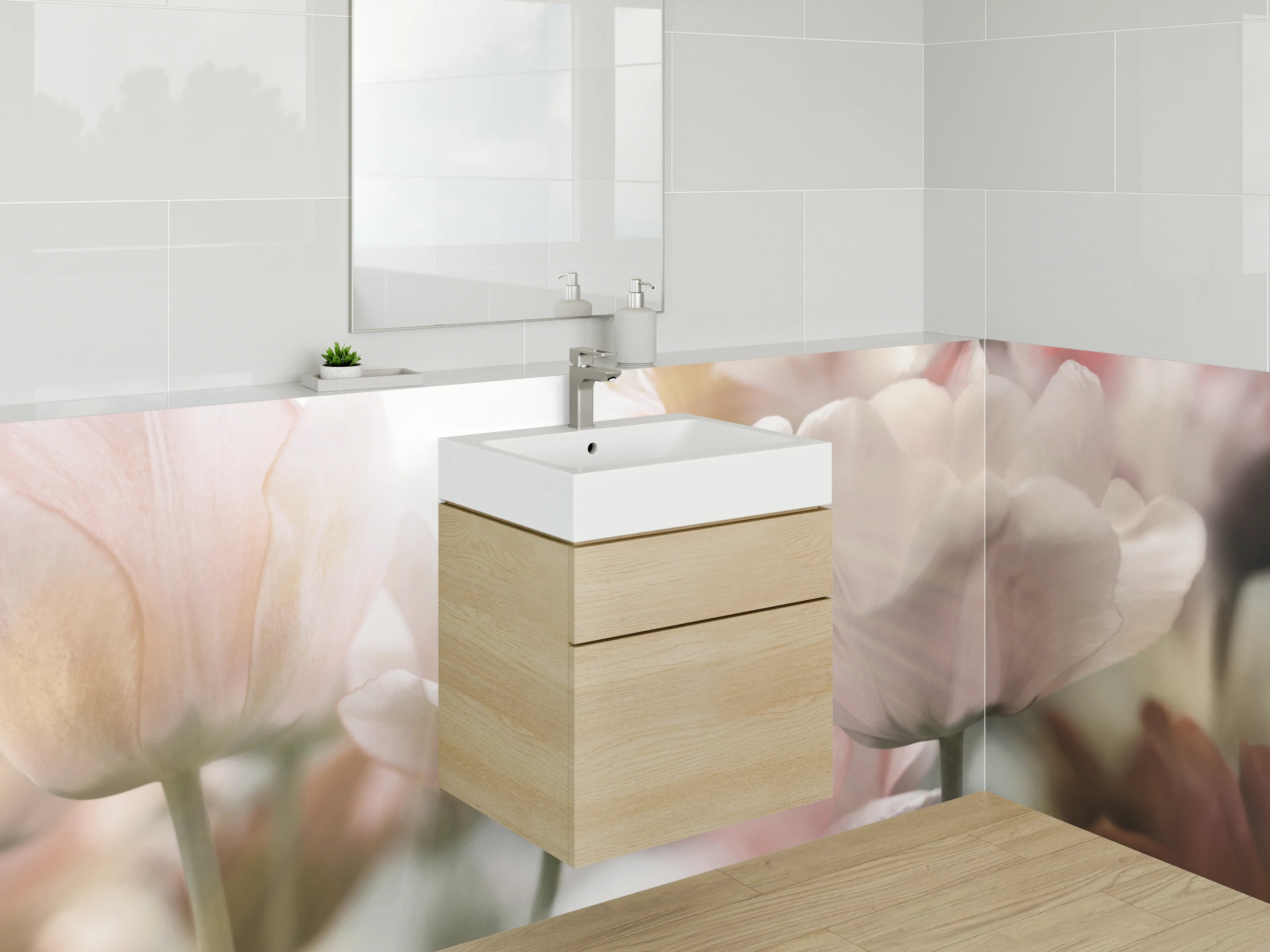 Waschbecken-Rückwand - Zarte Blüten im warmen Grau