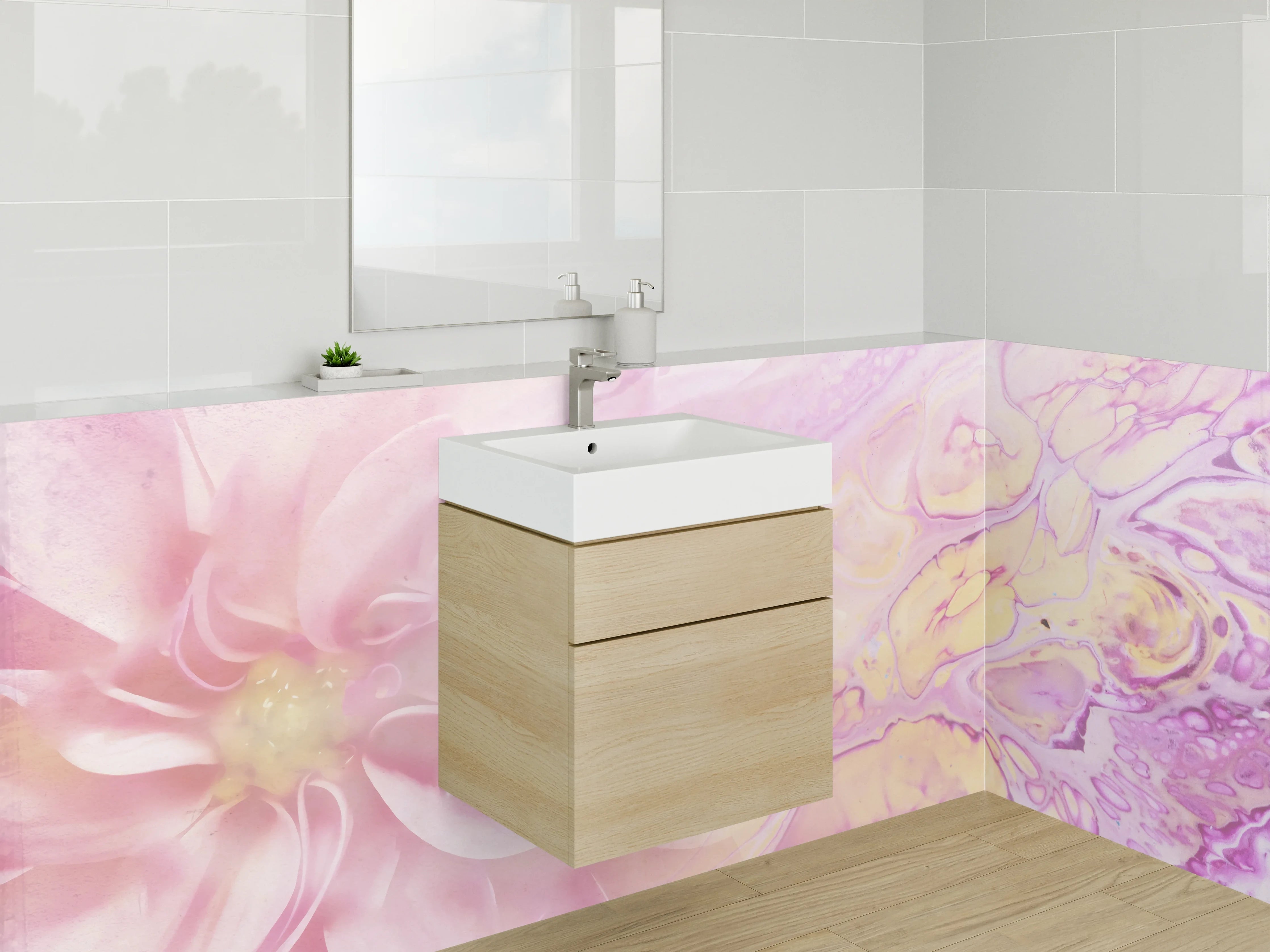 Waschbecken-Rückwand - Zarte Blütenpracht in Rosa Aquarell