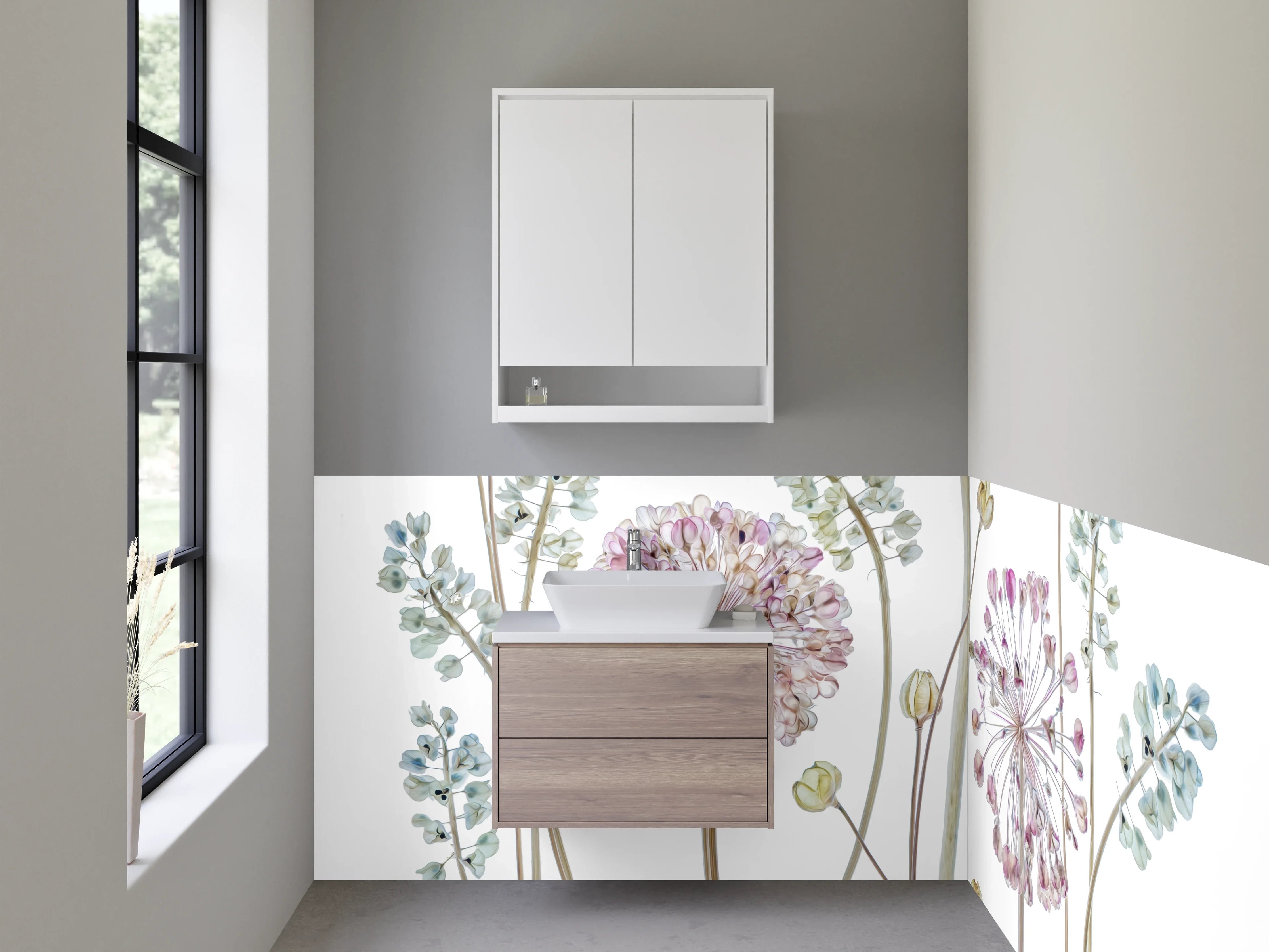Waschbecken-Rückwand - Zarte Blumen Illustration Weiß Rosa