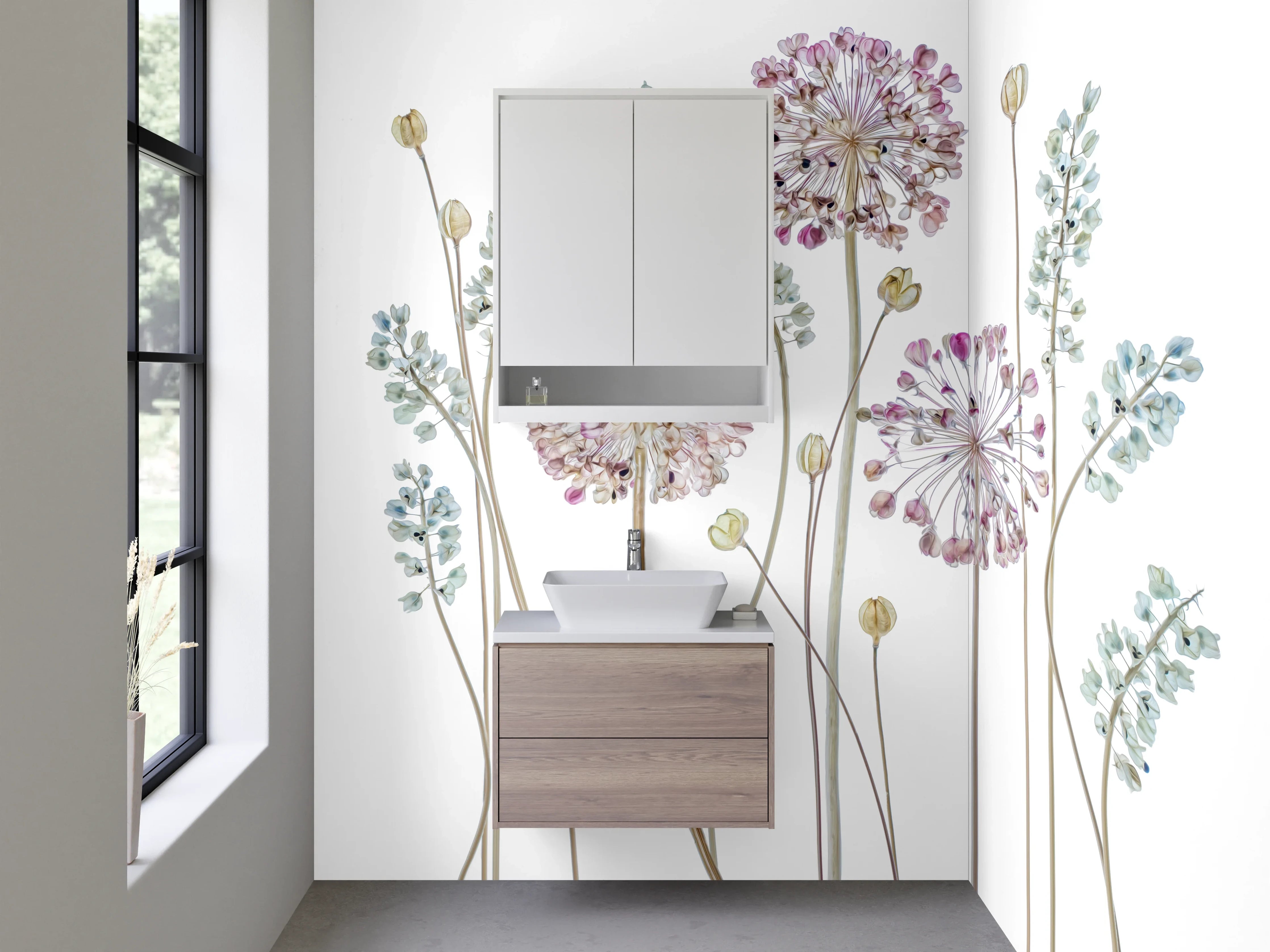 Waschbecken-Rückwand - Zarte Blumen Illustration Weiß Rosa