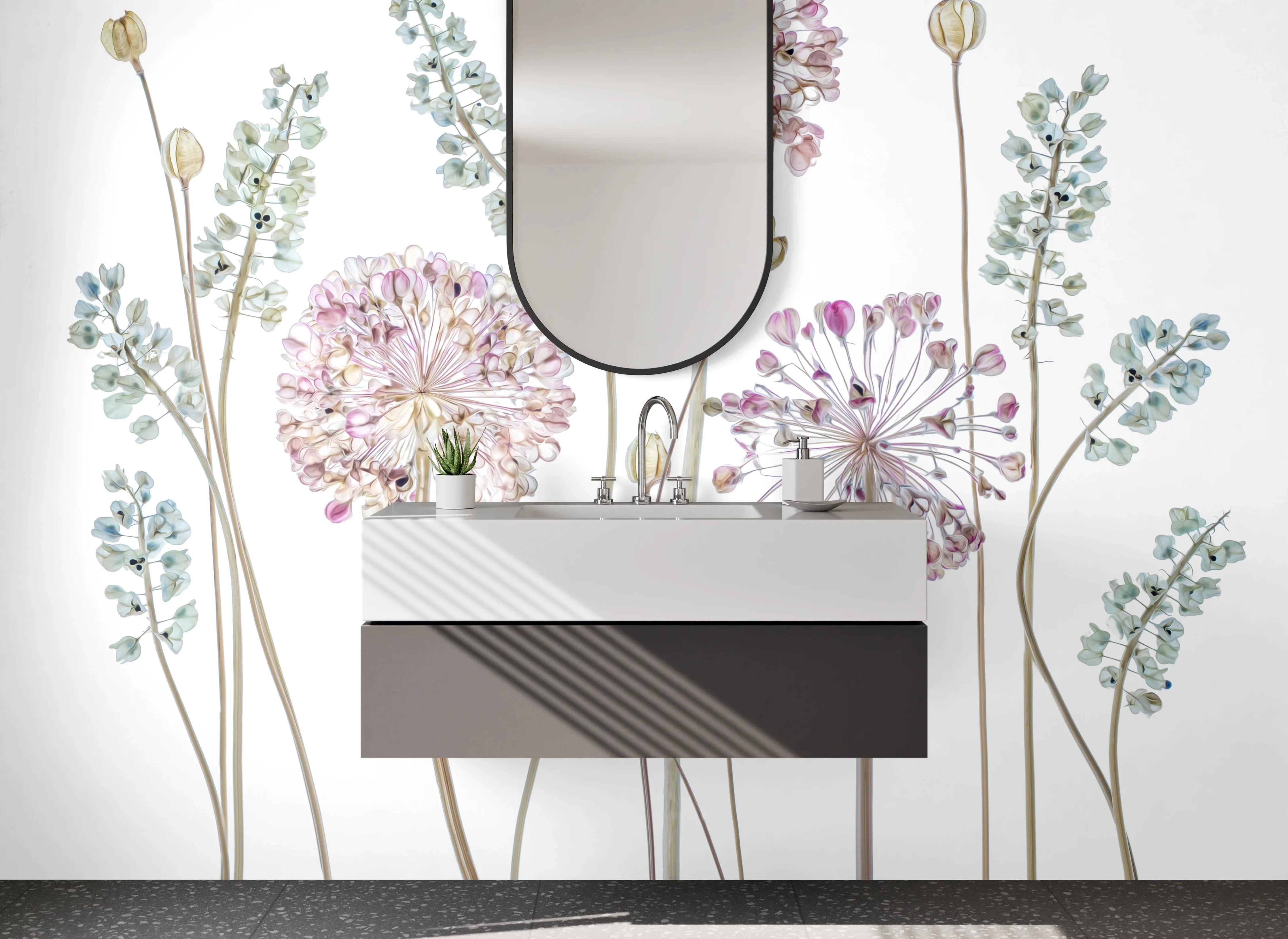 Waschbecken-Rückwand - Zarte Blumen Illustration Weiß Rosa