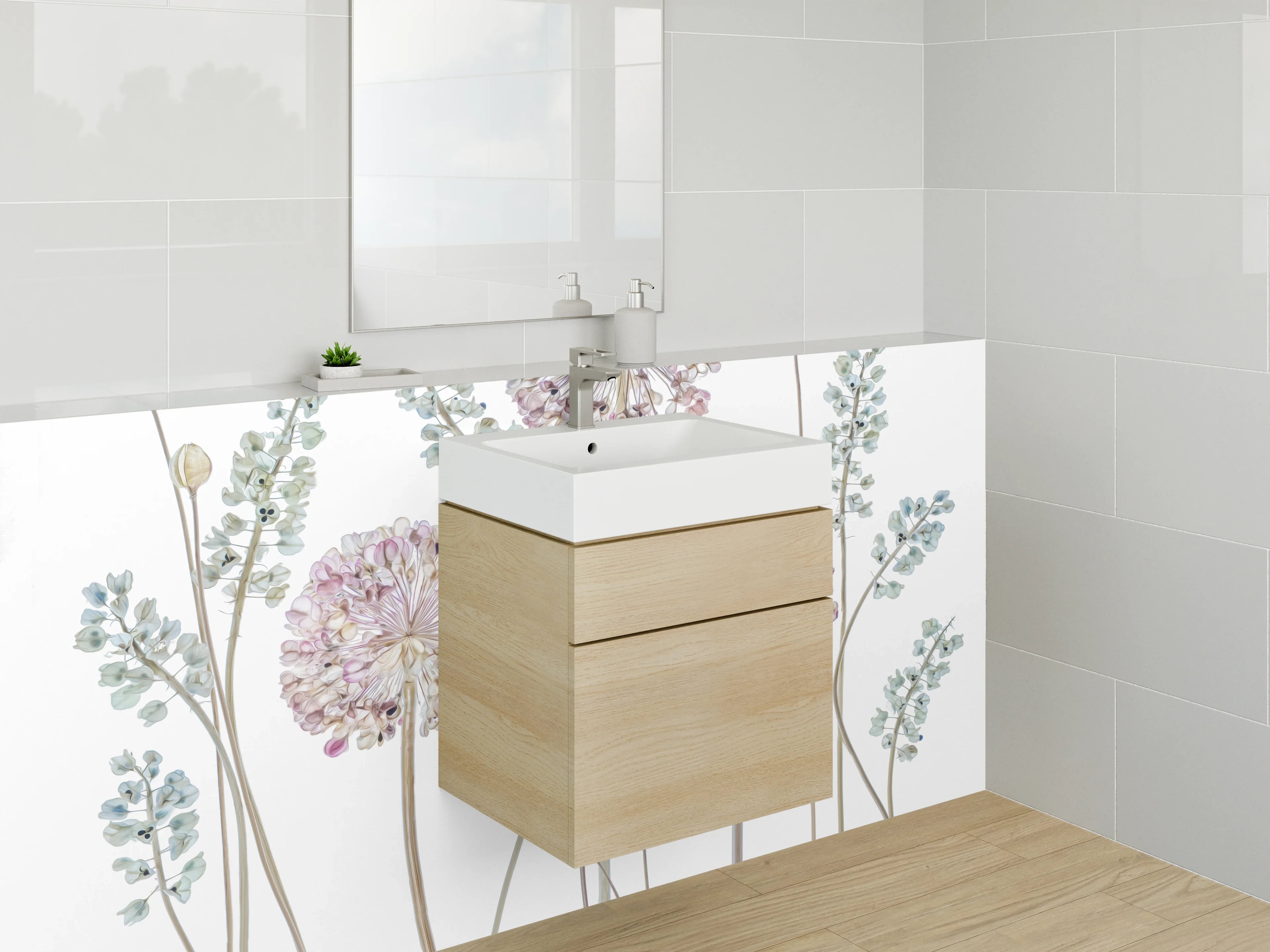 Waschbecken-Rückwand - Zarte Blumen Illustration Weiß Rosa