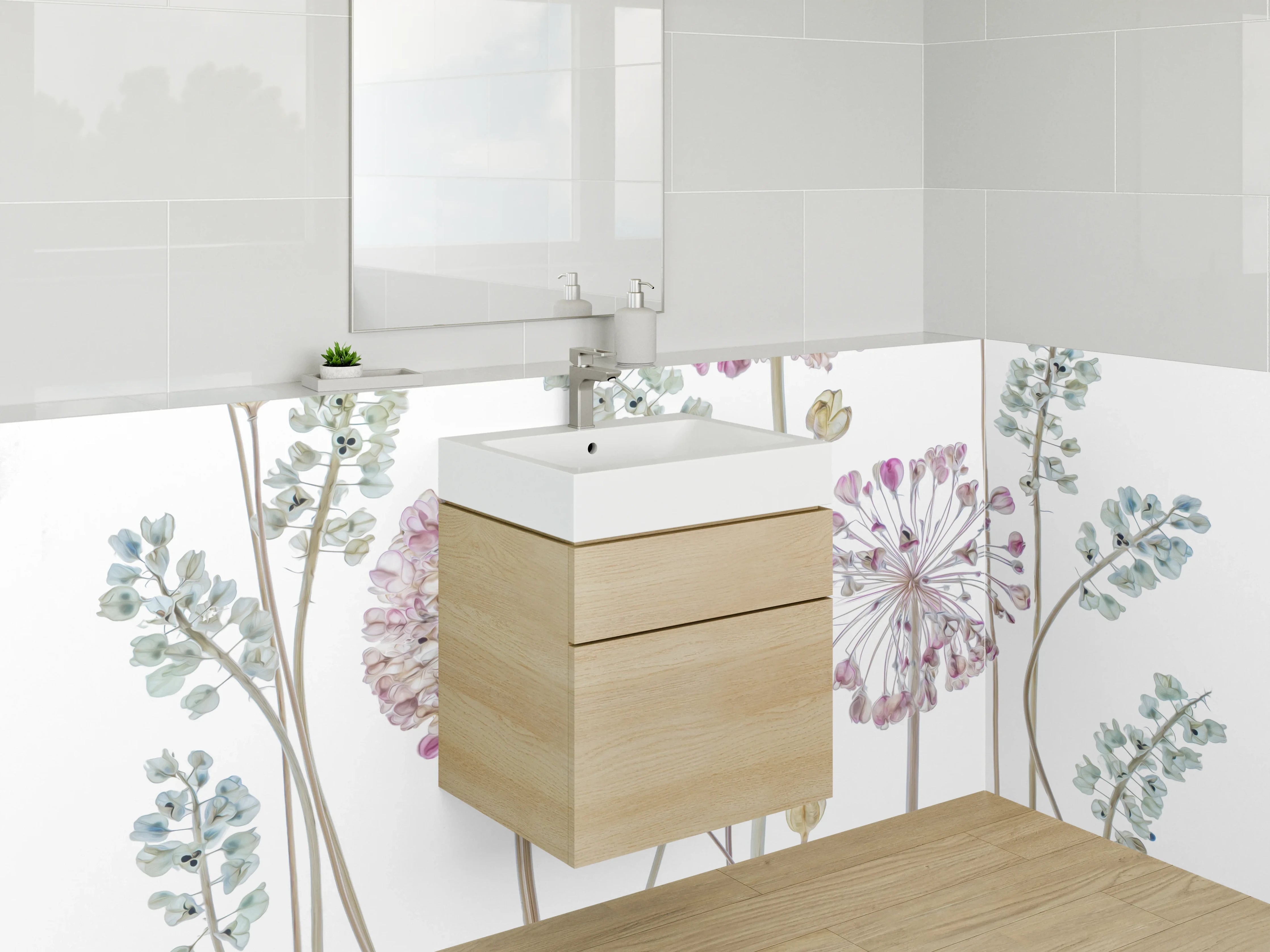 Waschbecken-Rückwand - Zarte Blumen Illustration Weiß Rosa