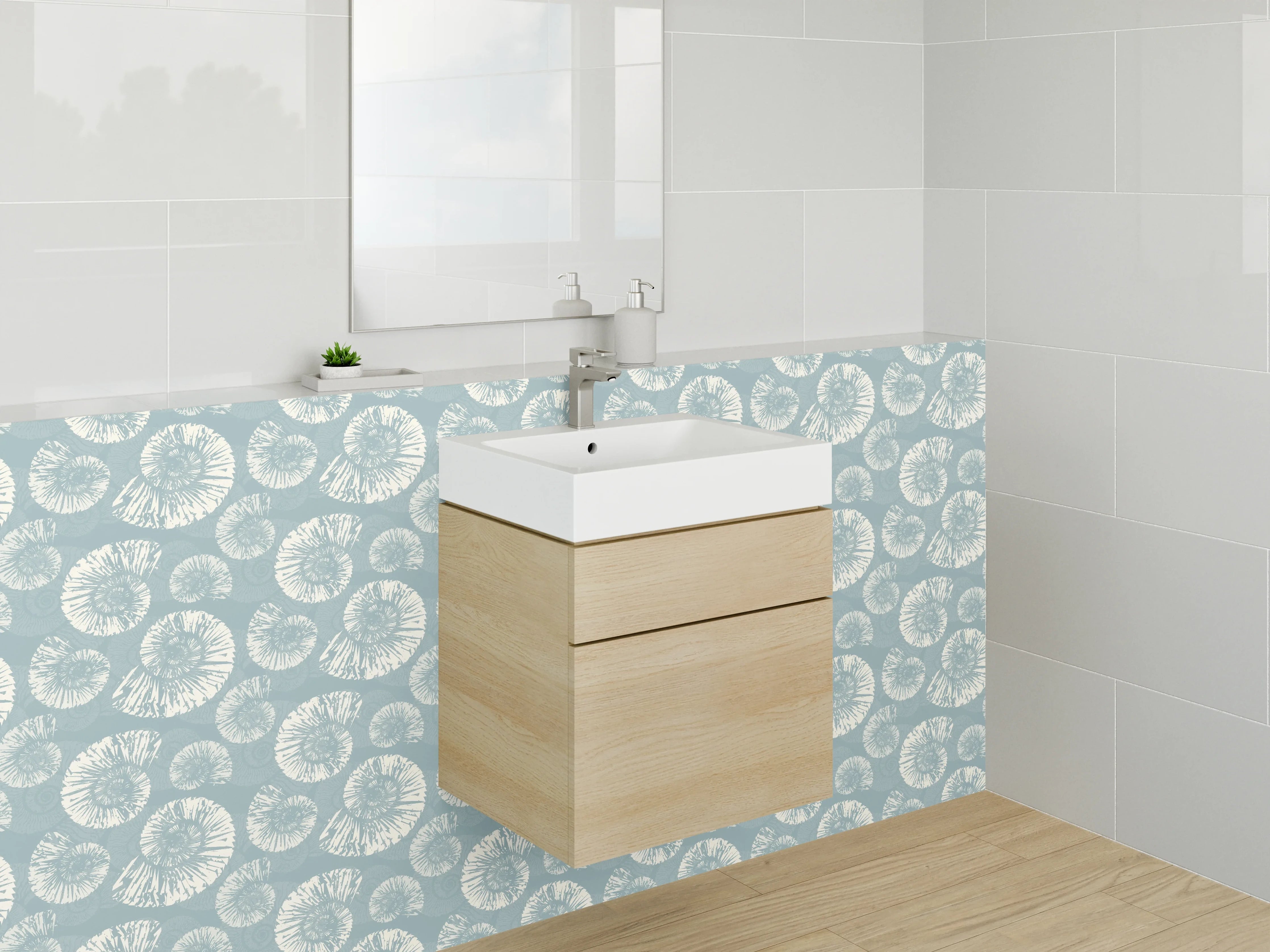 Waschbecken-Rückwand - Zarte Blumen in Pastellgrau