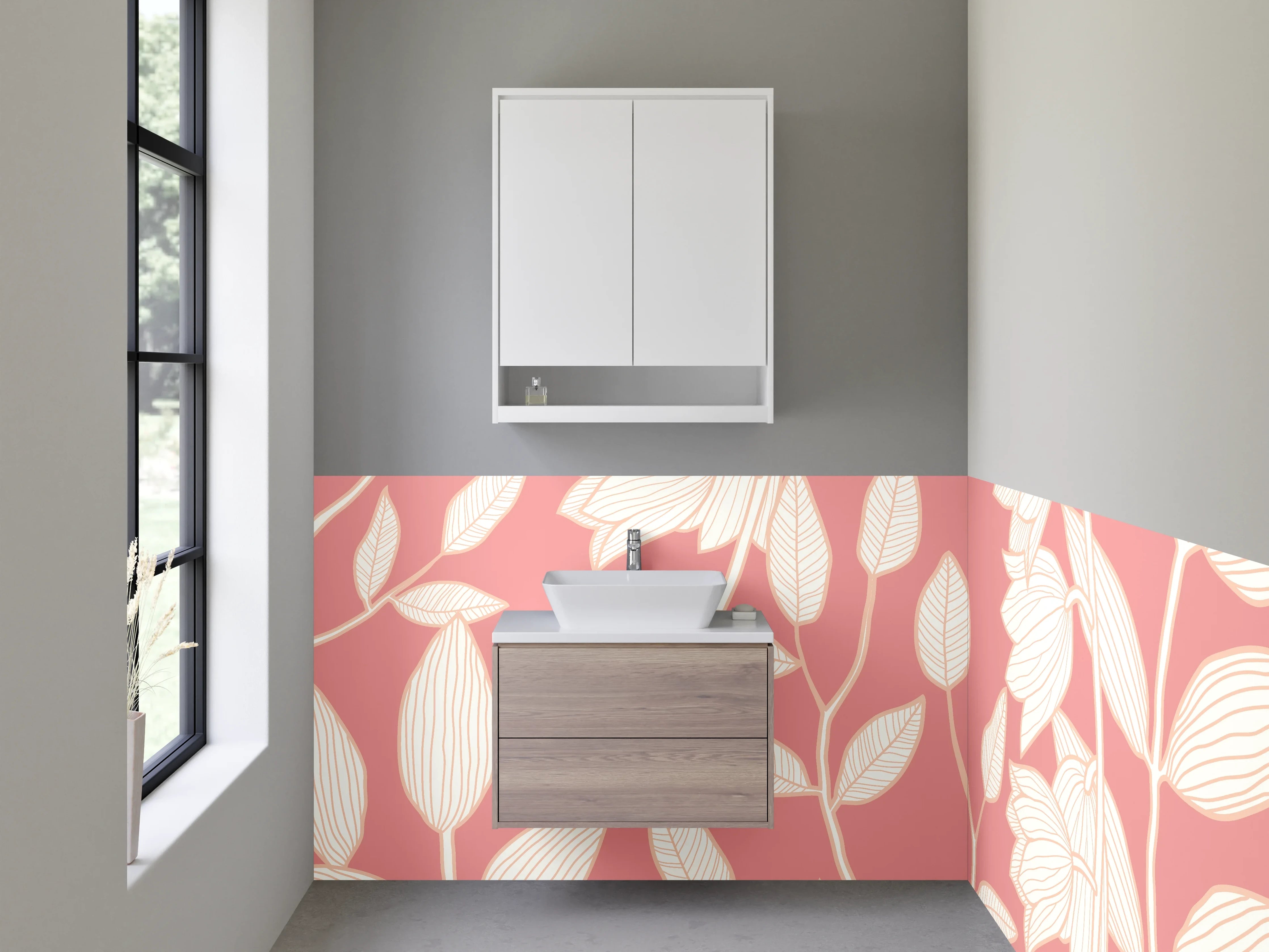 Waschbecken-Rückwand - Zarte Blumenmuster auf rosa Hintergund