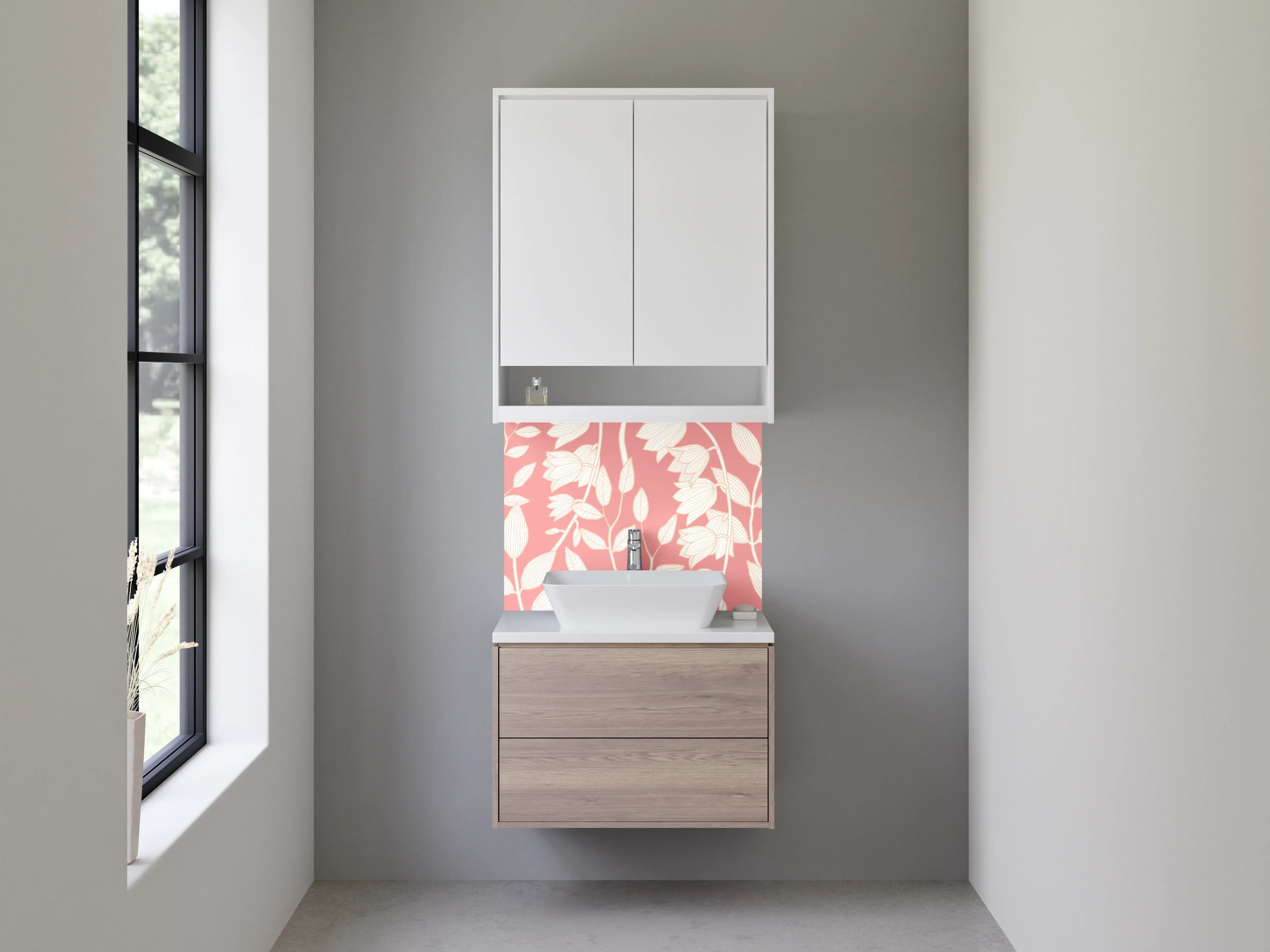 Waschbecken-Rückwand - Zarte Blumenmuster auf rosa Hintergund