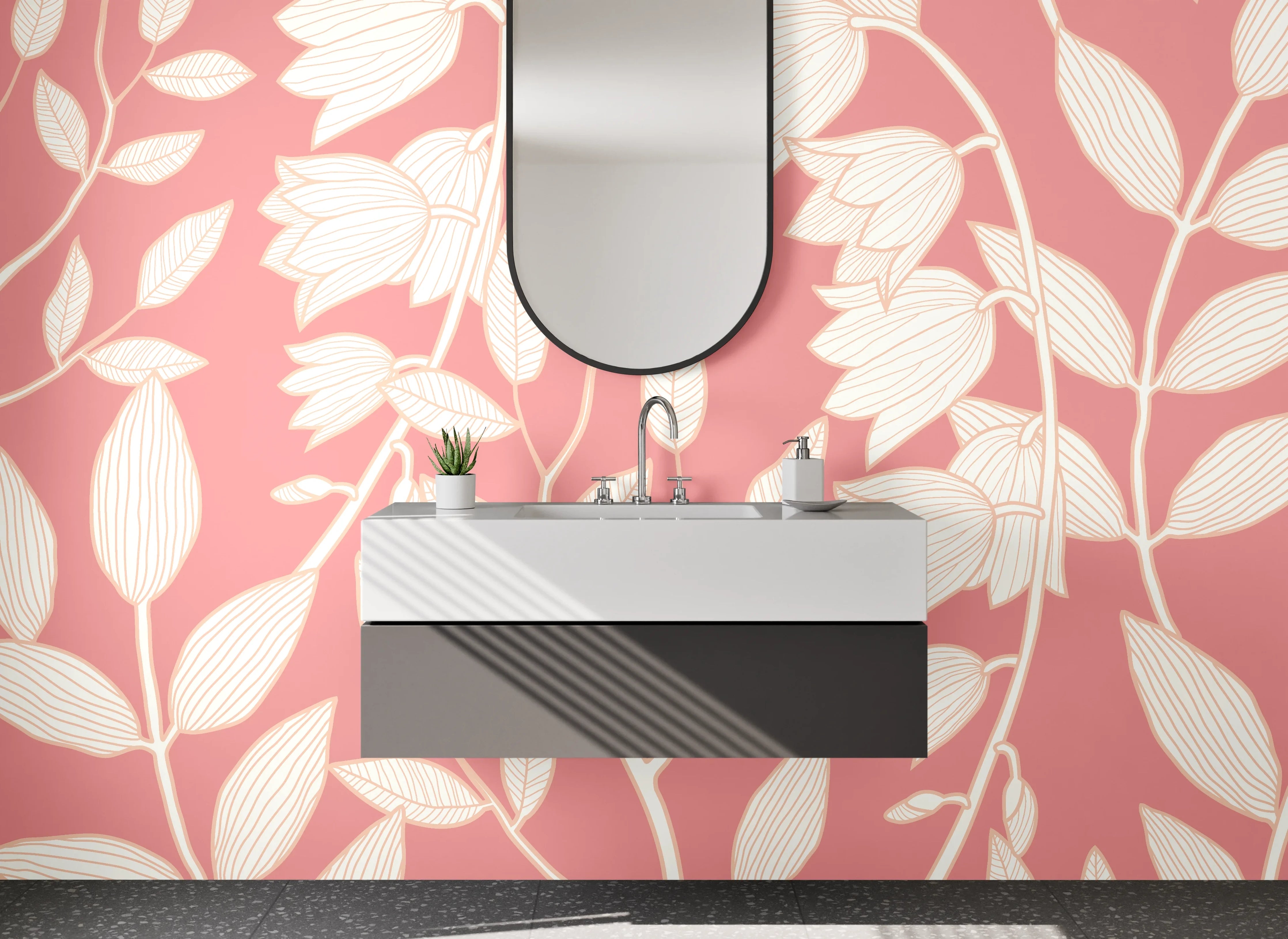Waschbecken-Rückwand - Zarte Blumenmuster auf rosa Hintergund