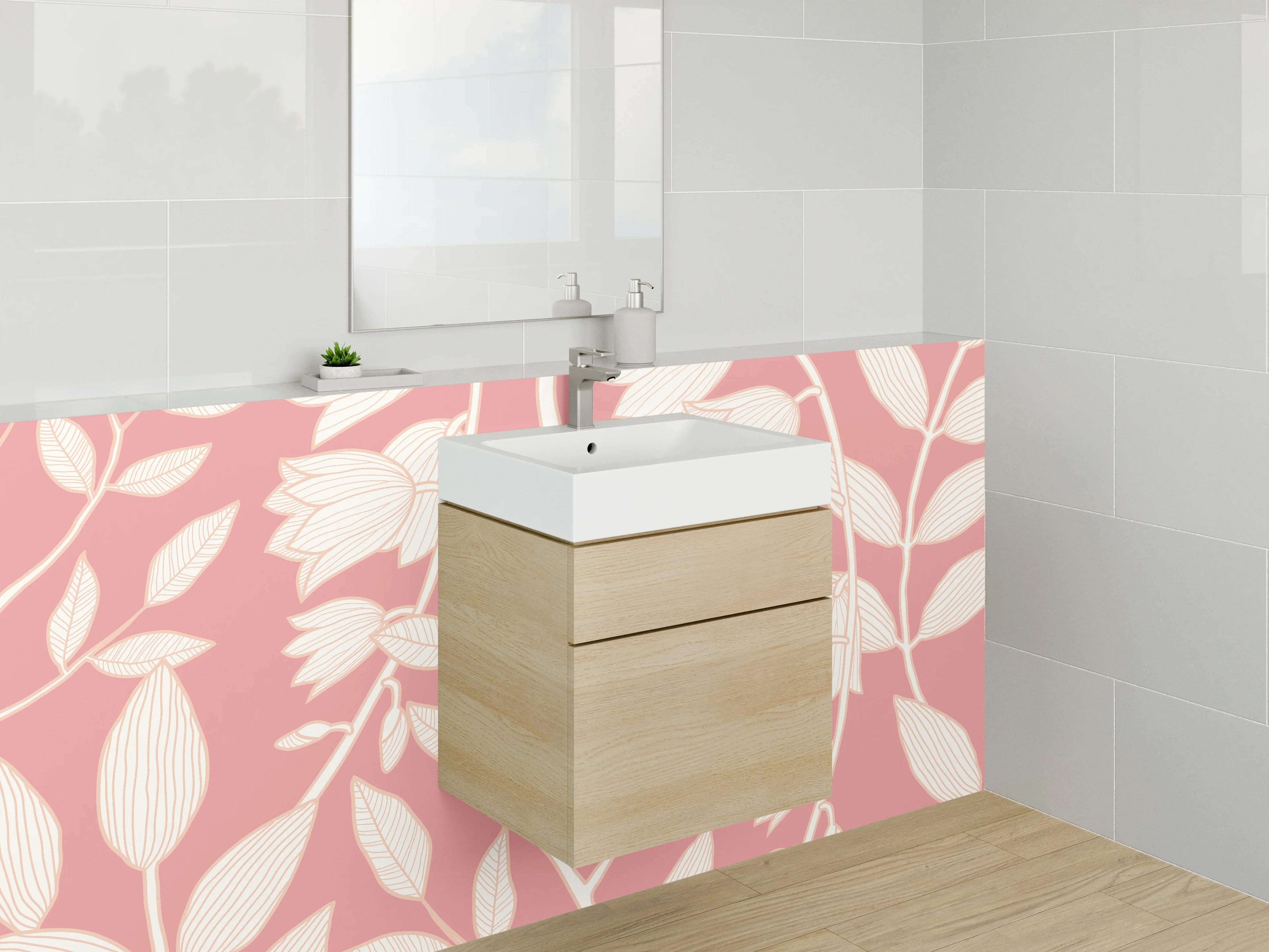 Waschbecken-Rückwand - Zarte Blumenmuster auf rosa Hintergund