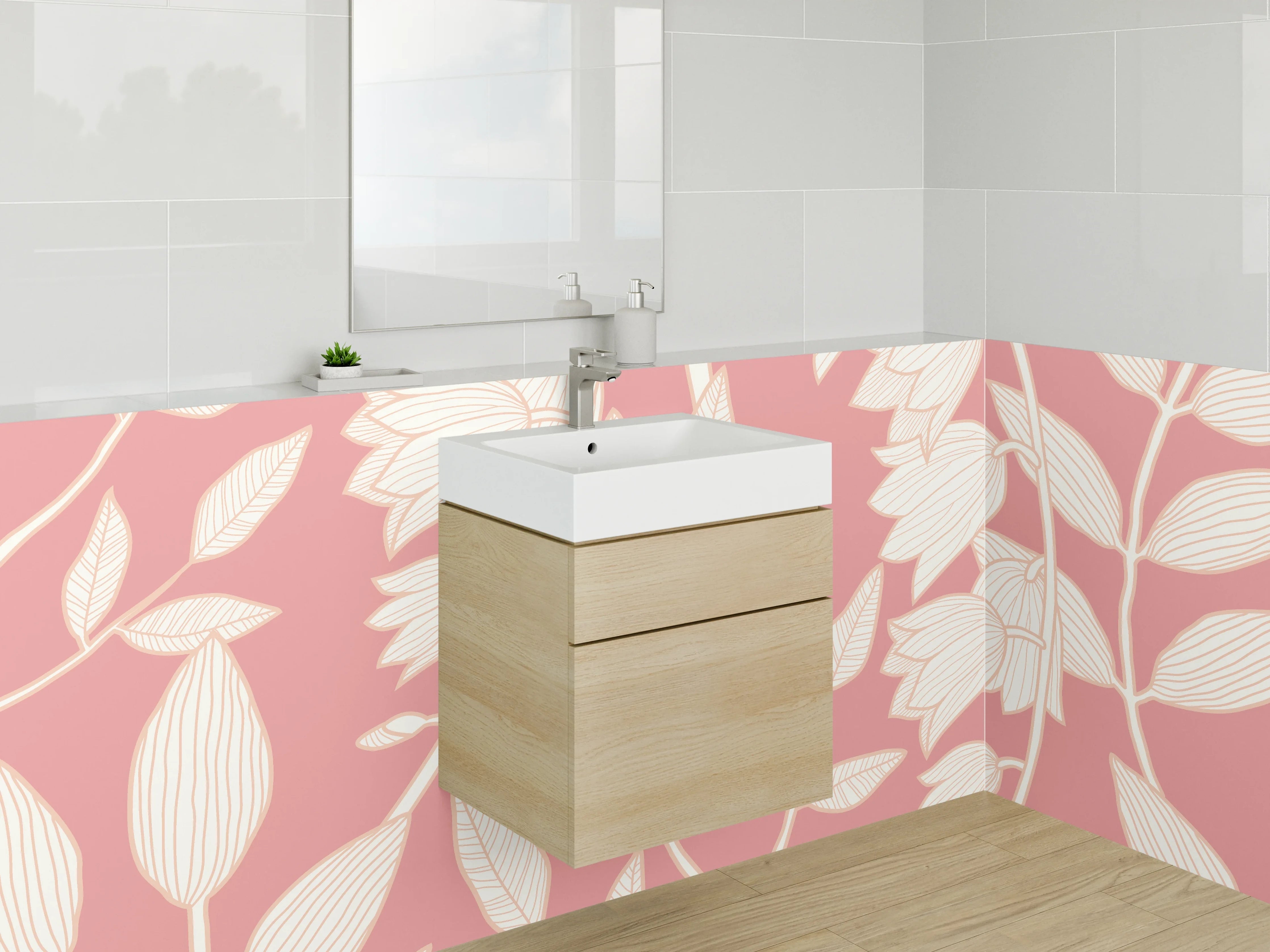 Waschbecken-Rückwand - Zarte Blumenmuster auf rosa Hintergund