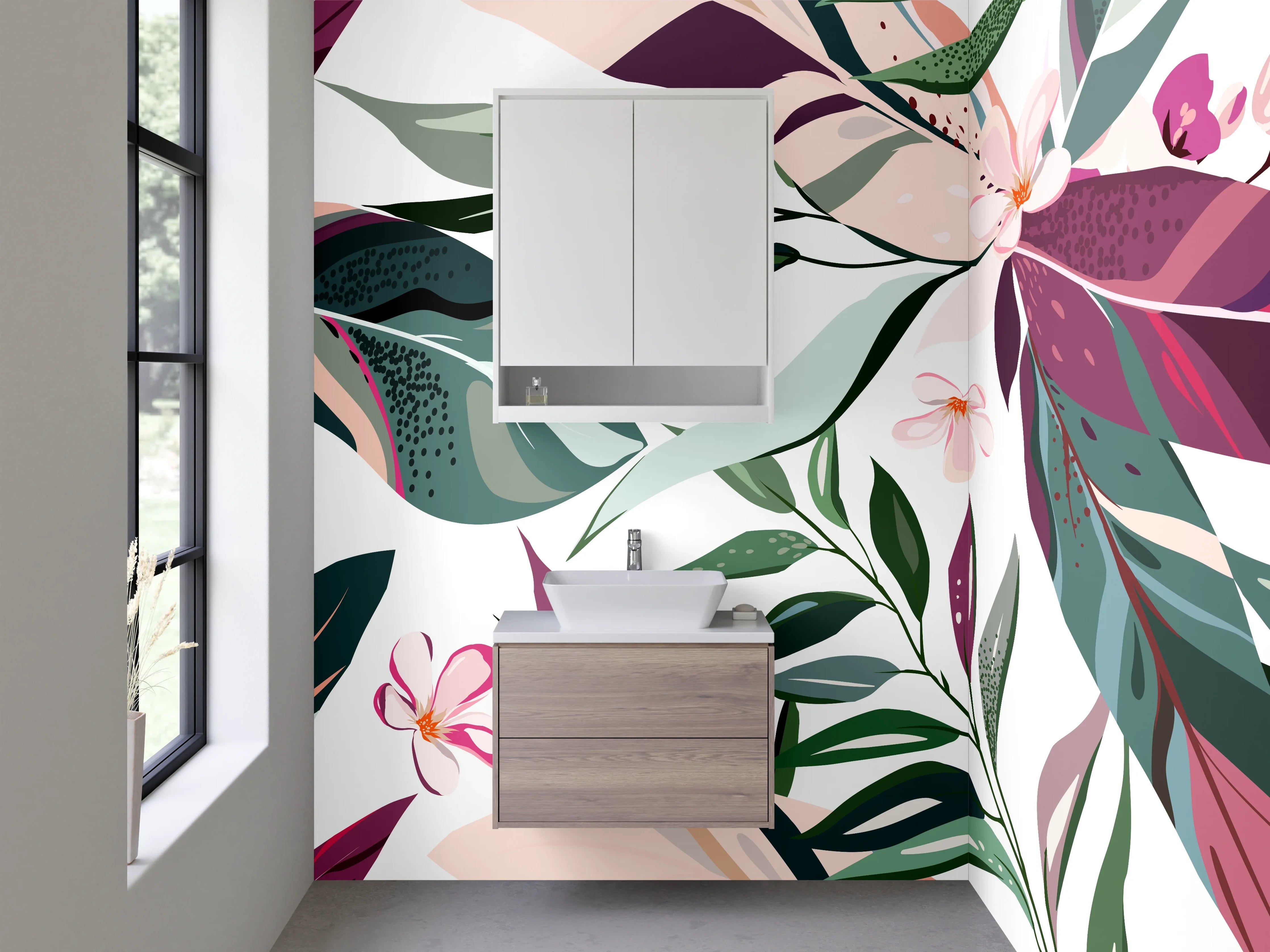 Waschbecken-Rückwand - Zarte Flora in Rosé, Jade und Silbergrau