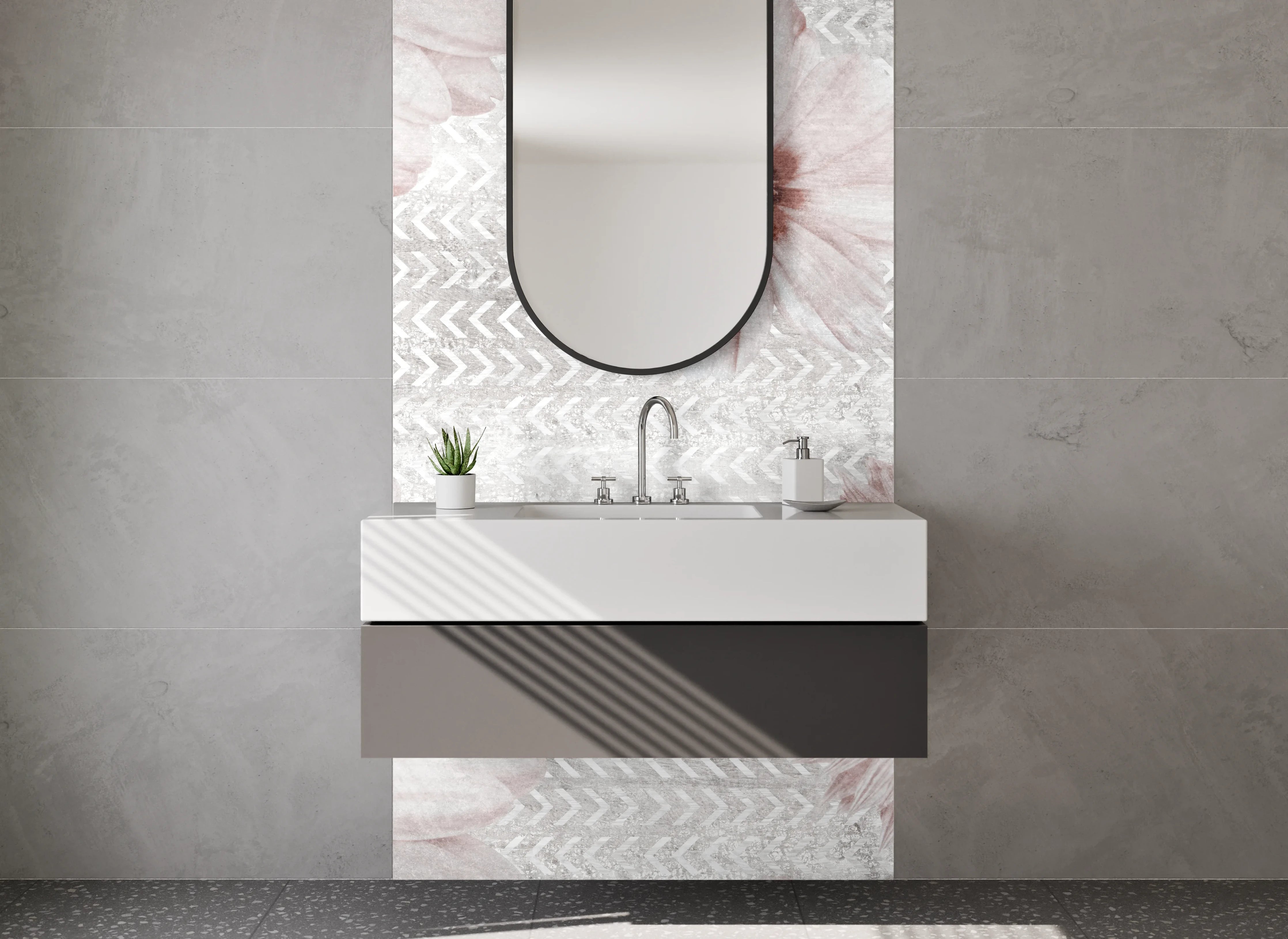 Waschbecken-Rückwand - Zarte Gänseblümchen auf weiß-grauem Grund