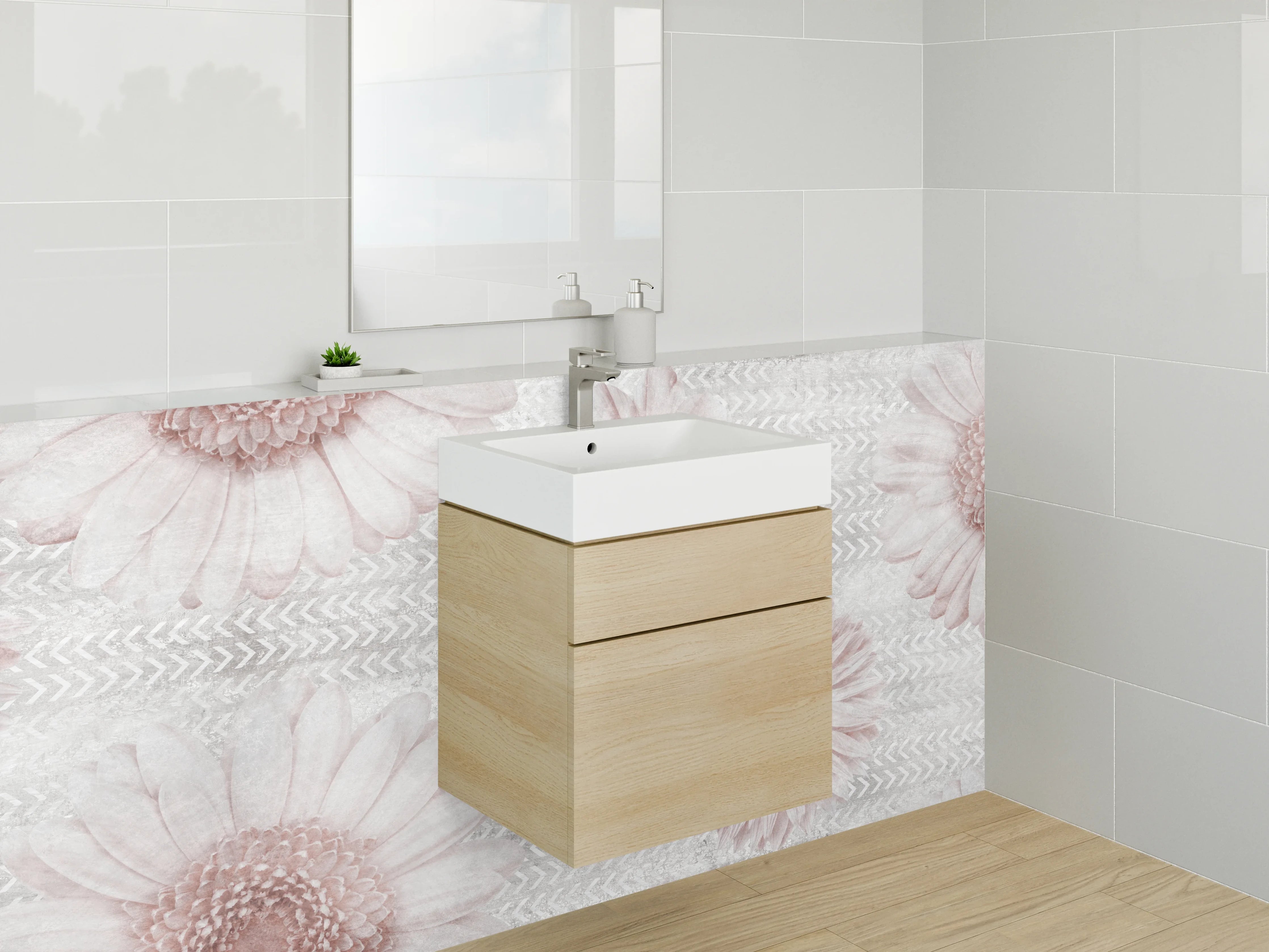 Waschbecken-Rückwand - Zarte Gänseblümchen auf weiß-grauem Grund