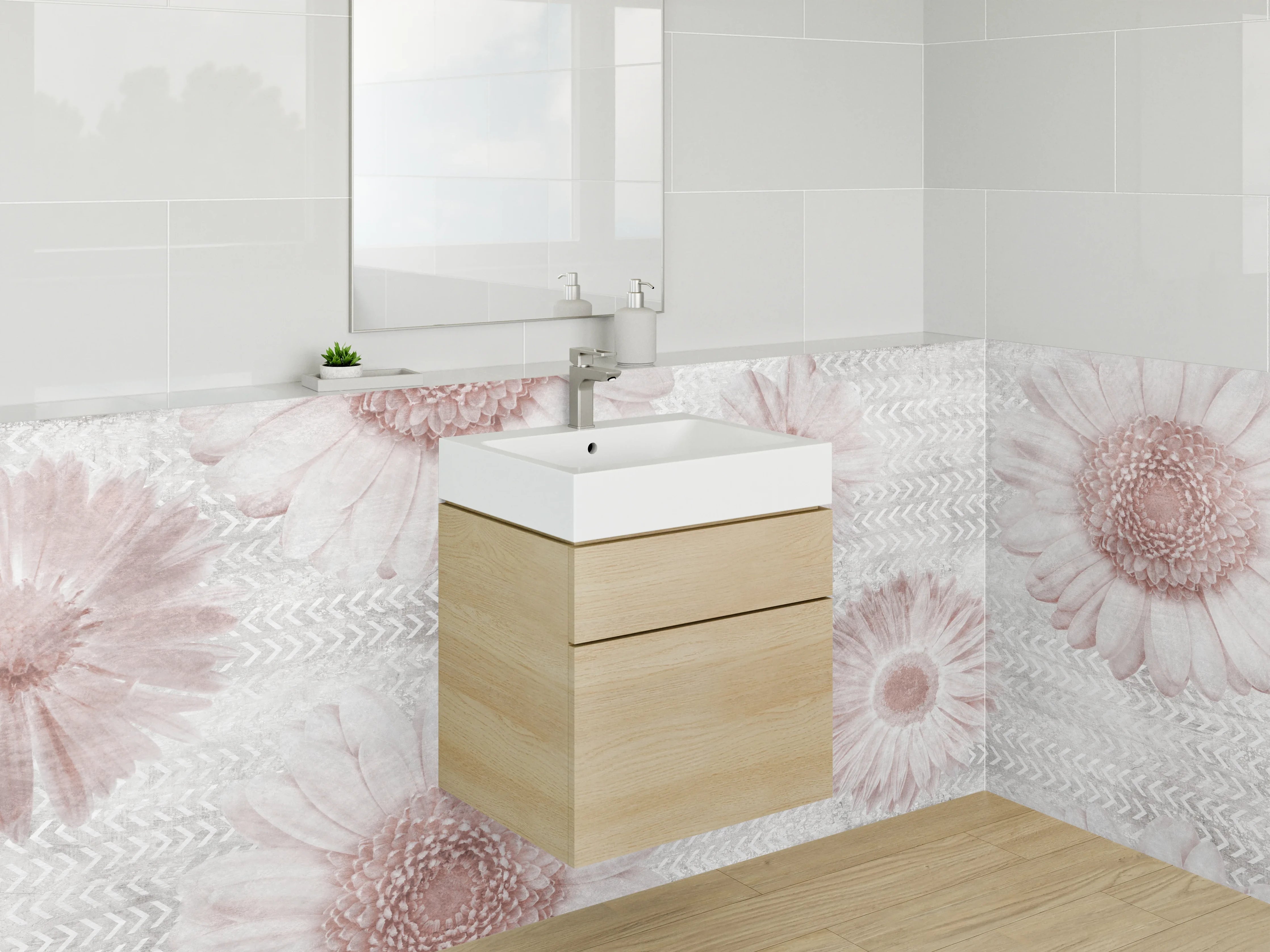 Waschbecken-Rückwand - Zarte Gänseblümchen auf weiß-grauem Grund