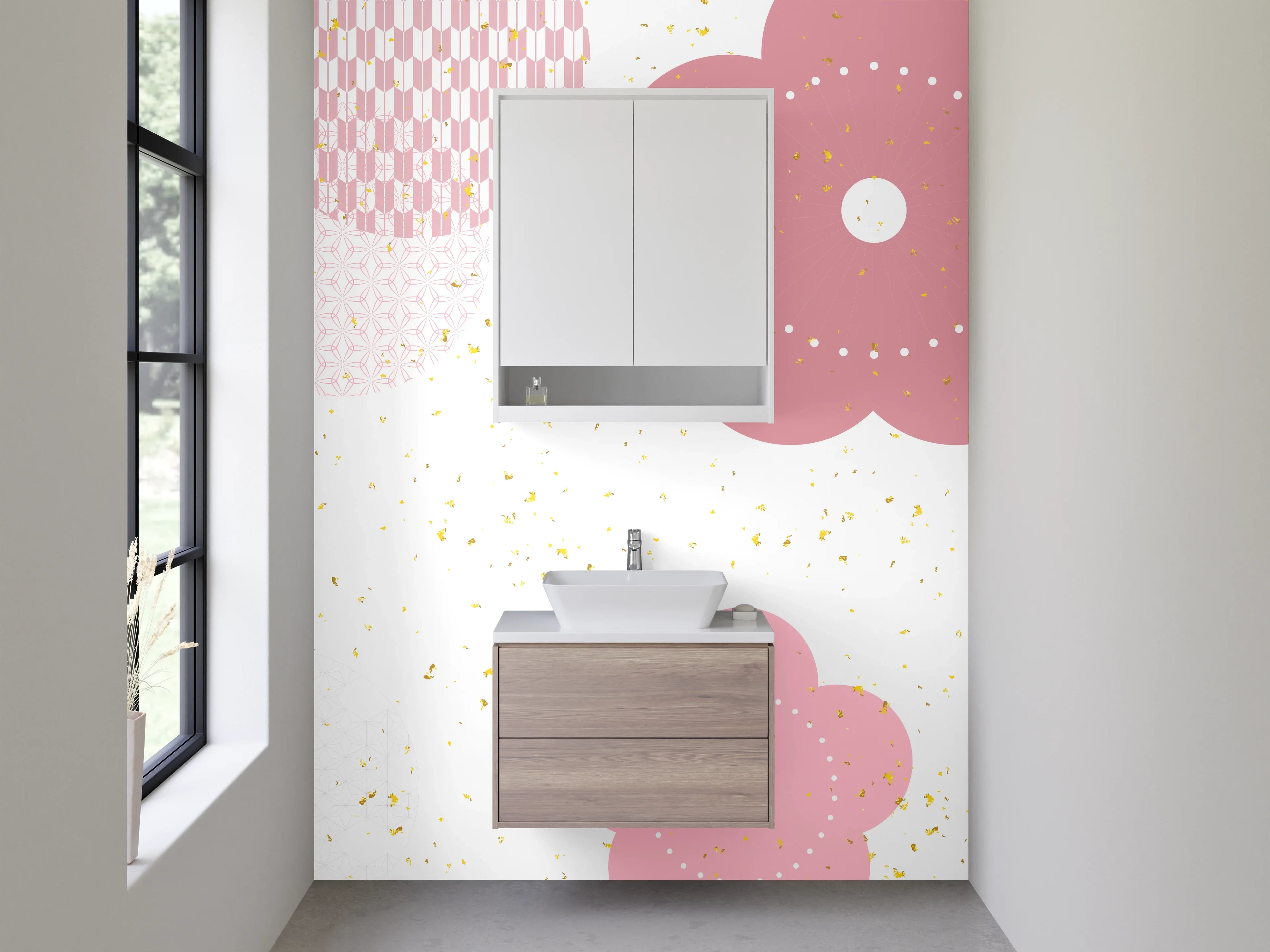 Waschbecken-Rückwand - Zarte Kirschblüten in Pastell Pink