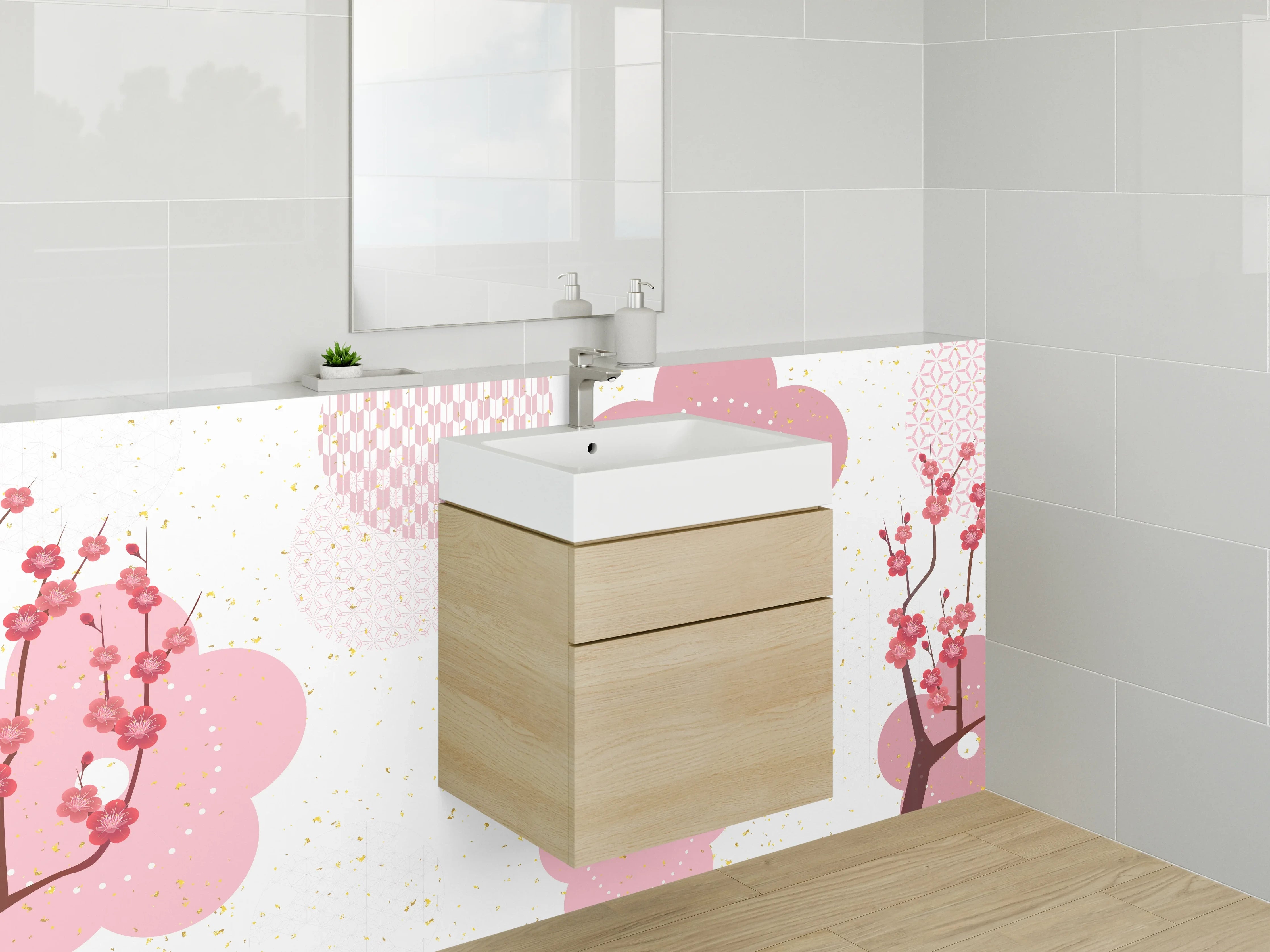 Waschbecken-Rückwand - Zarte Kirschblüten in Pastell Pink