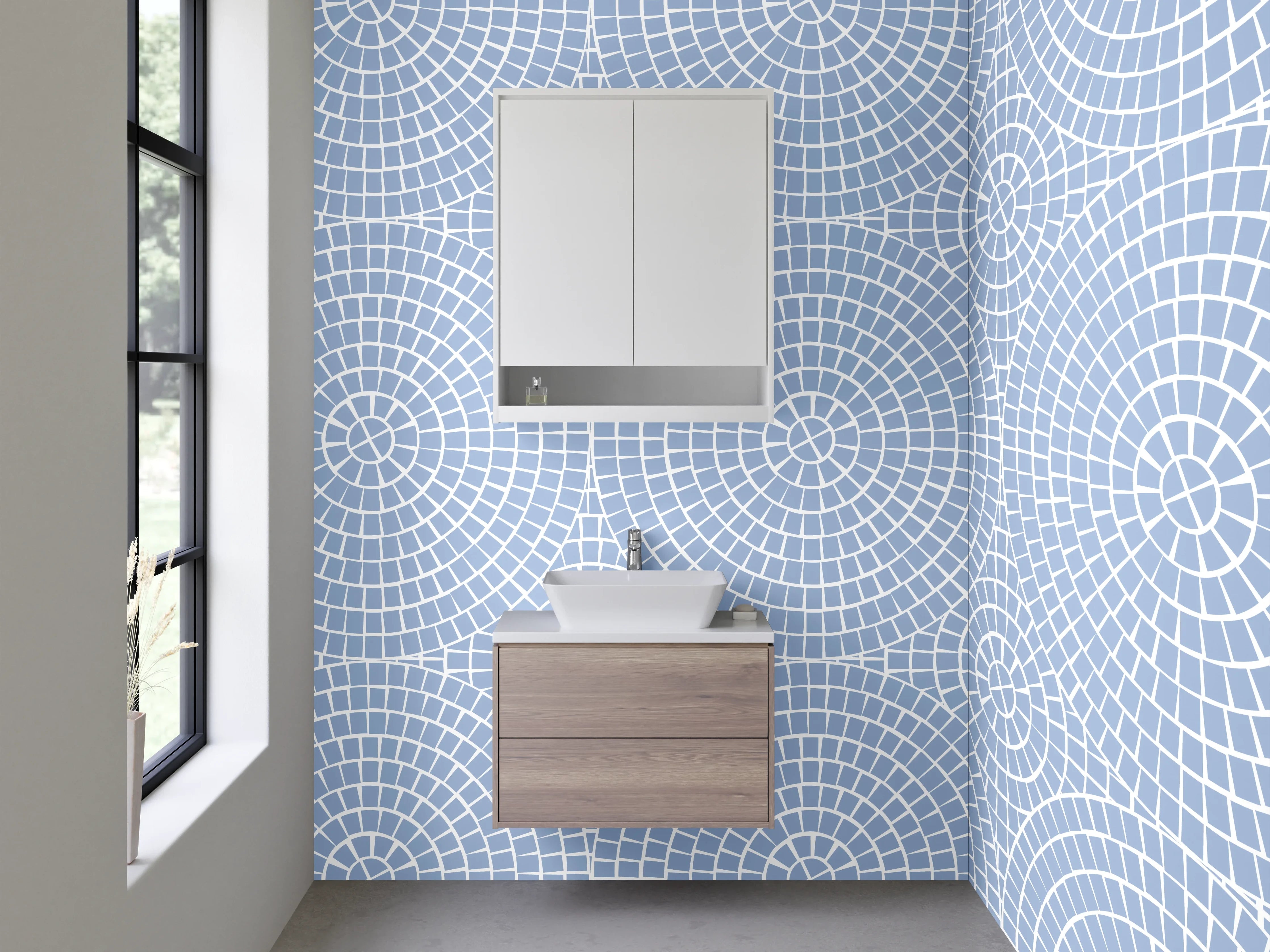 Waschbecken-Rückwand - Zarte Kreisornamente in Blau-Grau