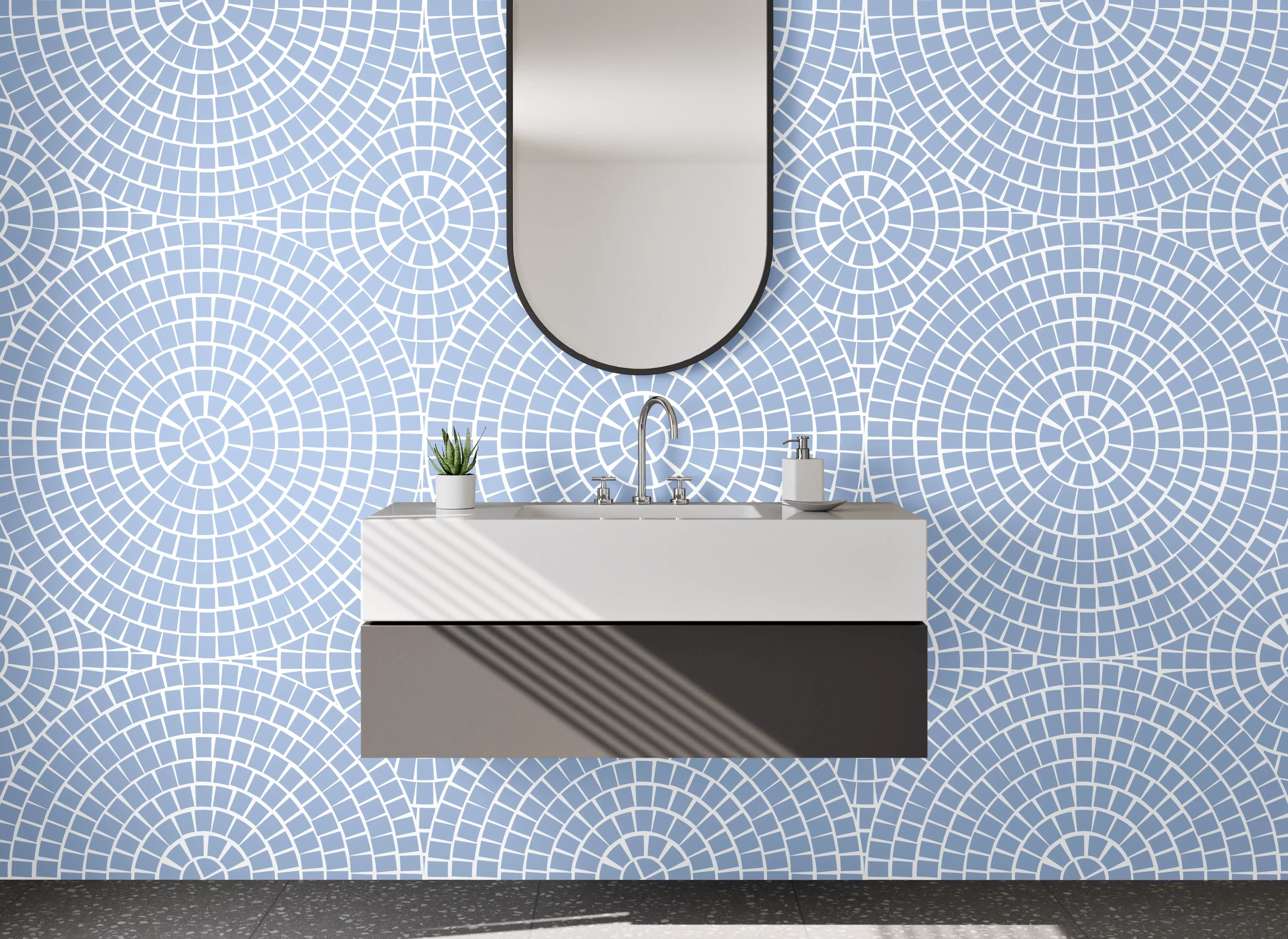 Waschbecken-Rückwand - Zarte Kreisornamente in Blau-Grau