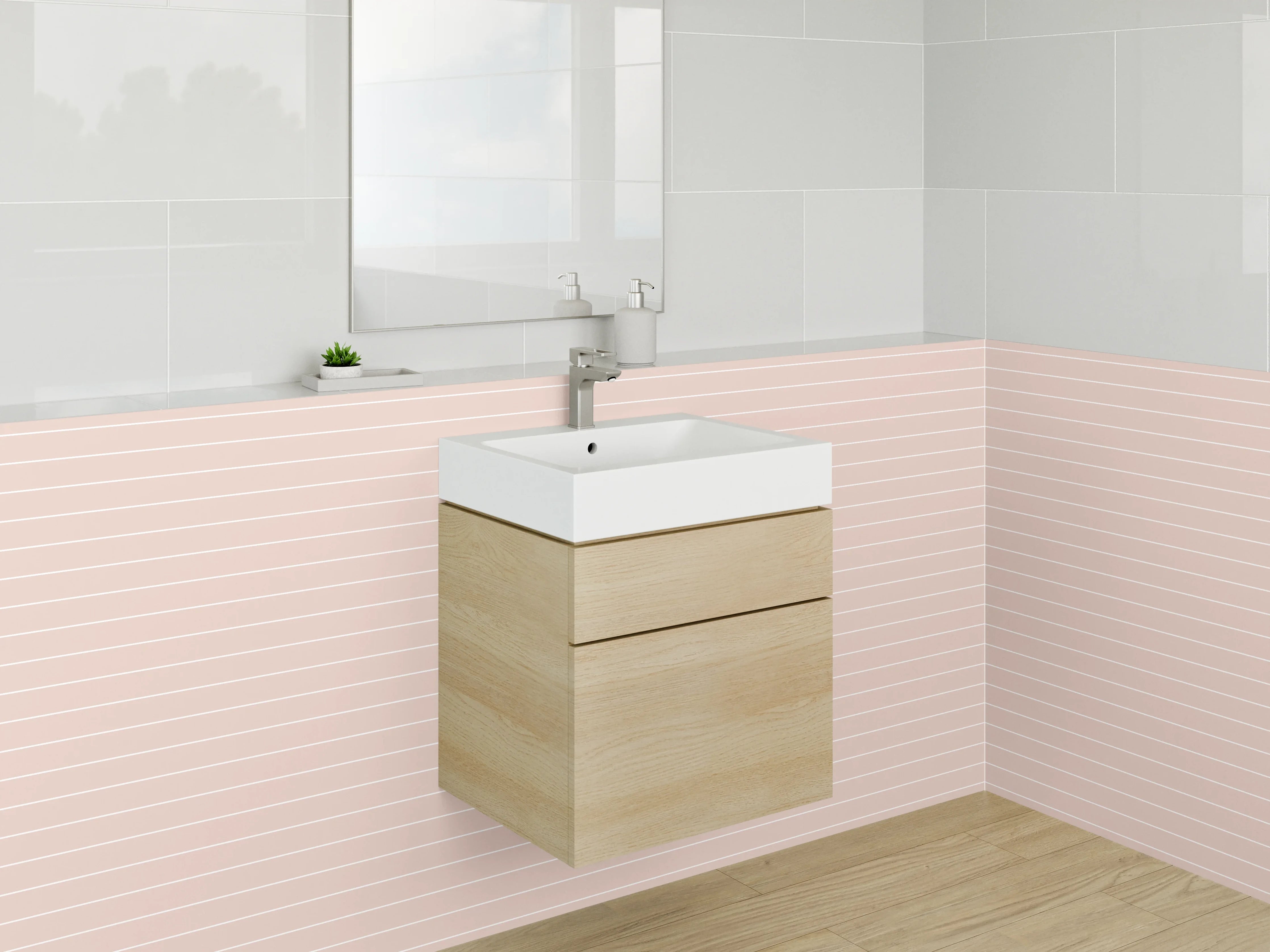 Waschbecken-Rückwand - Zarte Linien Rosa Beige Muster