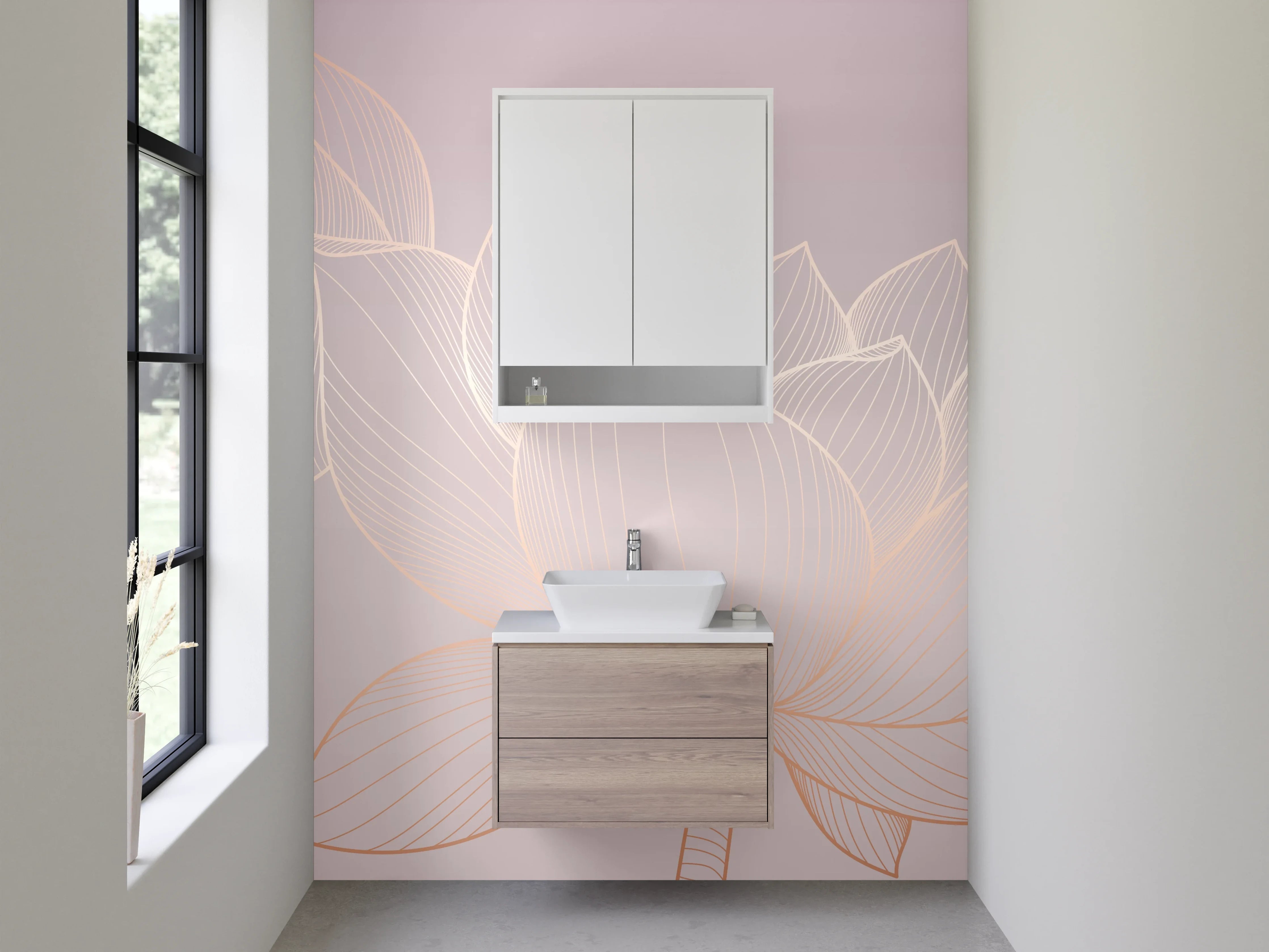 Waschbecken-Rückwand - Zarte Lotus Lineart auf Pastellrosa