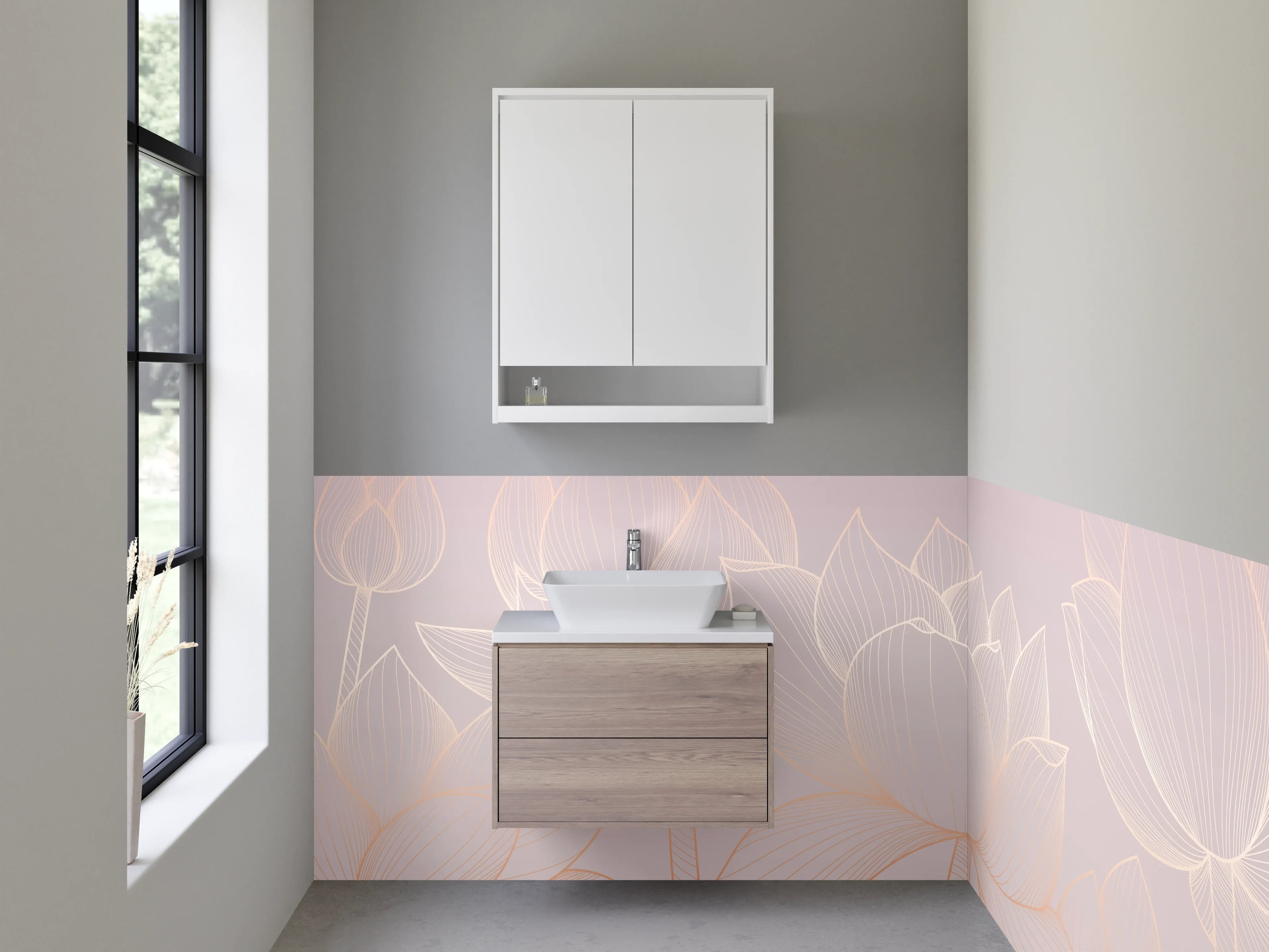 Waschbecken-Rückwand - Zarte Lotus Lineart auf Pastellrosa