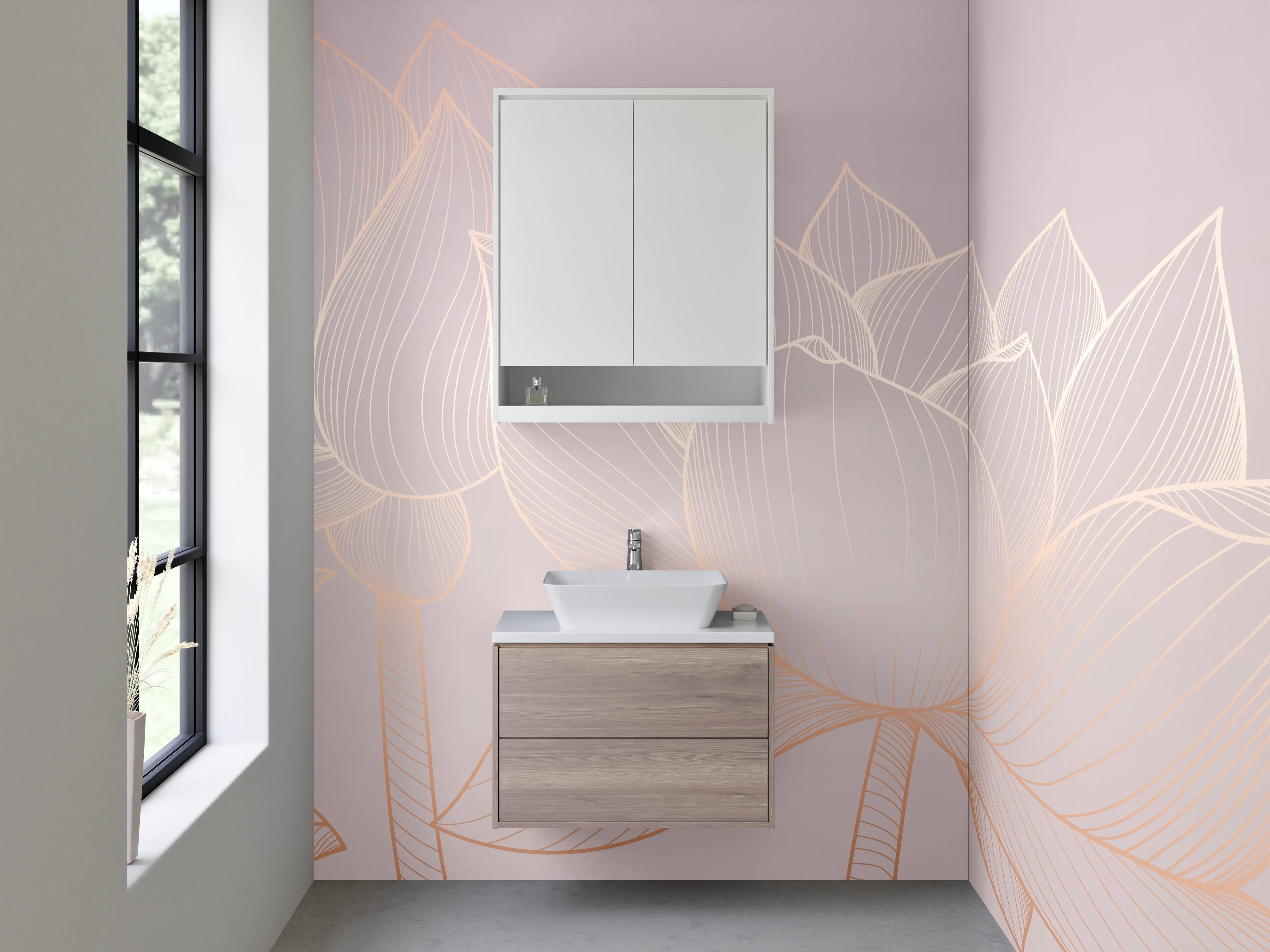 Waschbecken-Rückwand - Zarte Lotus Lineart auf Pastellrosa