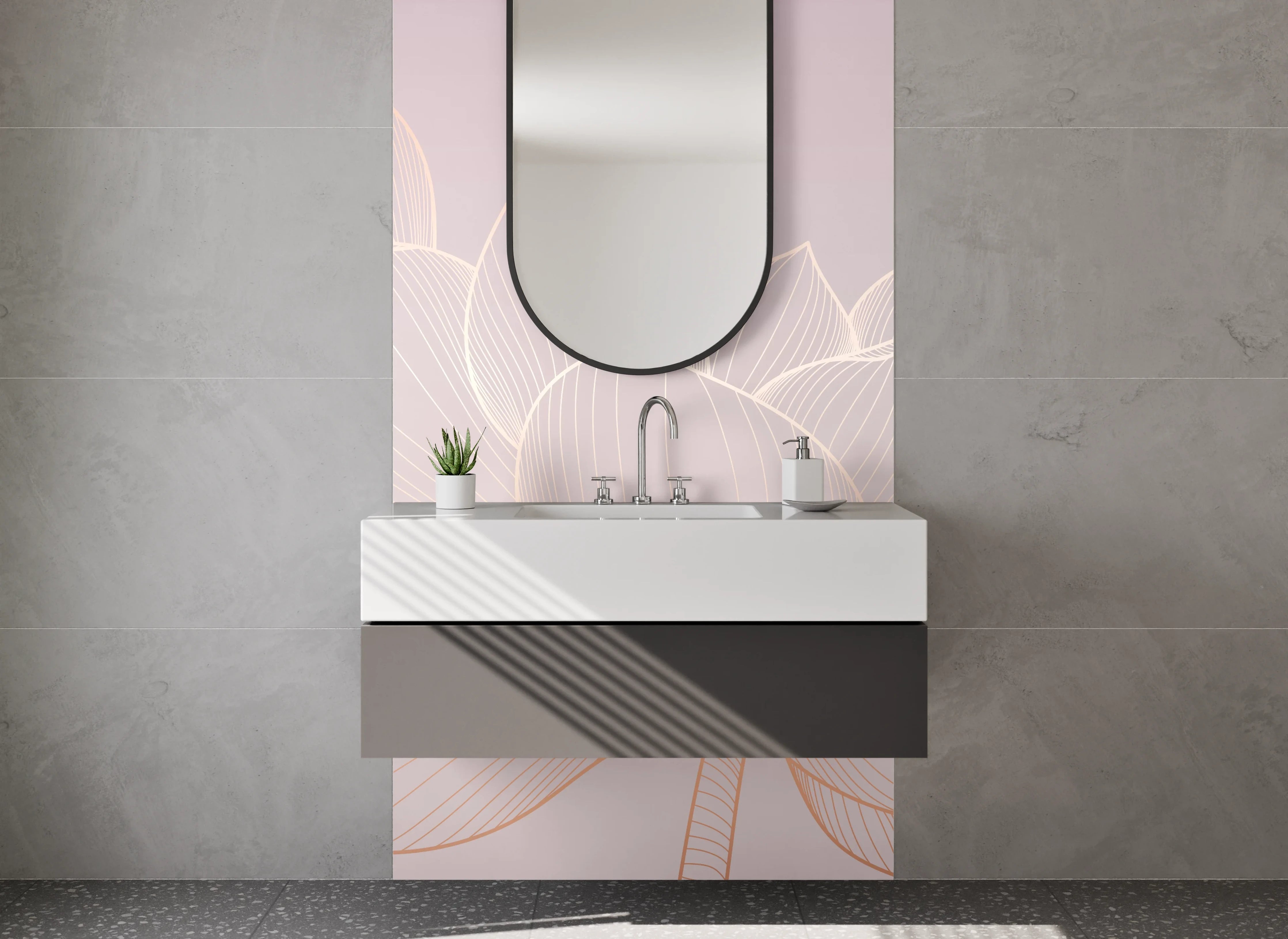 Waschbecken-Rückwand - Zarte Lotus Lineart auf Pastellrosa