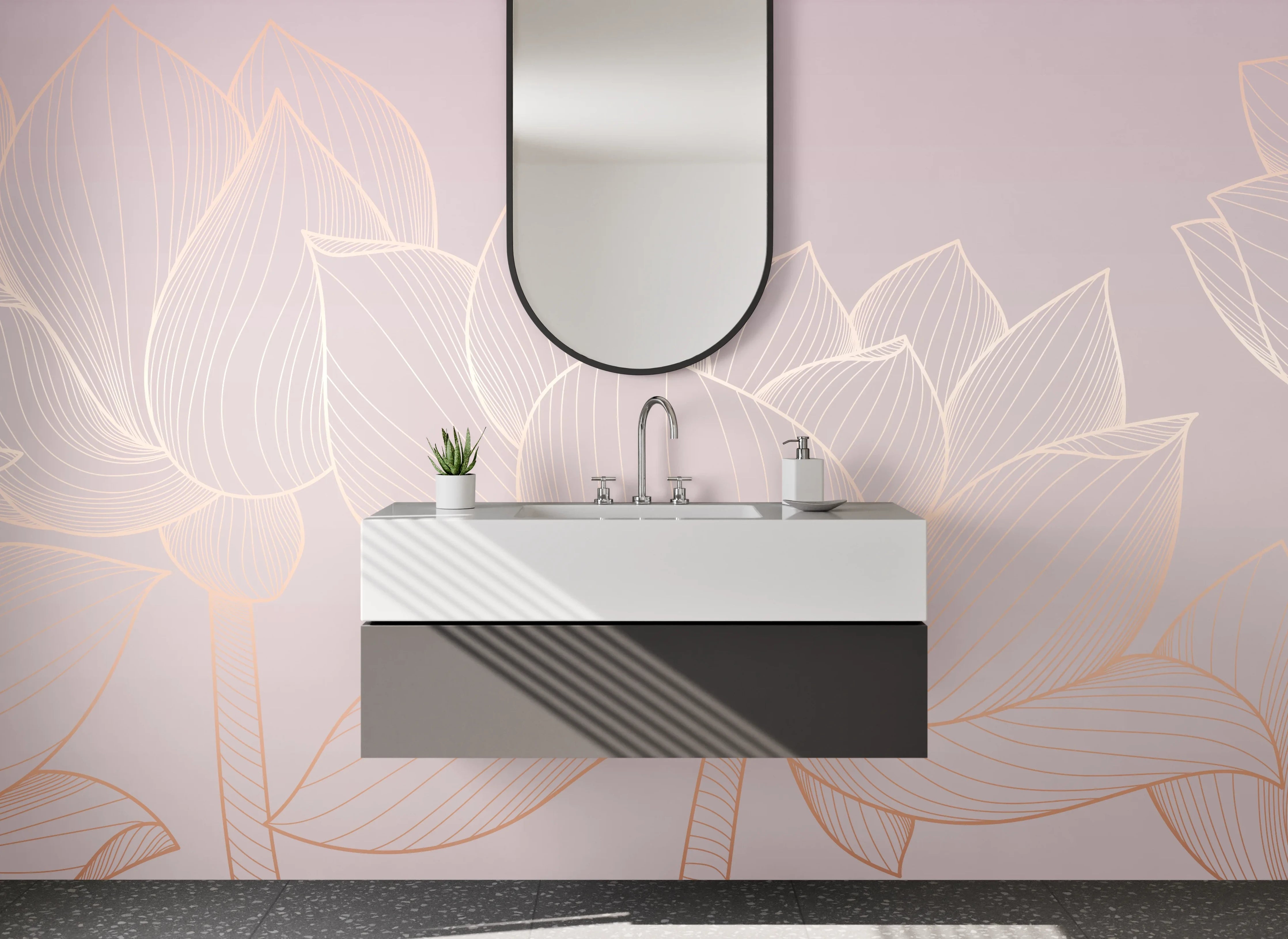 Waschbecken-Rückwand - Zarte Lotus Lineart auf Pastellrosa