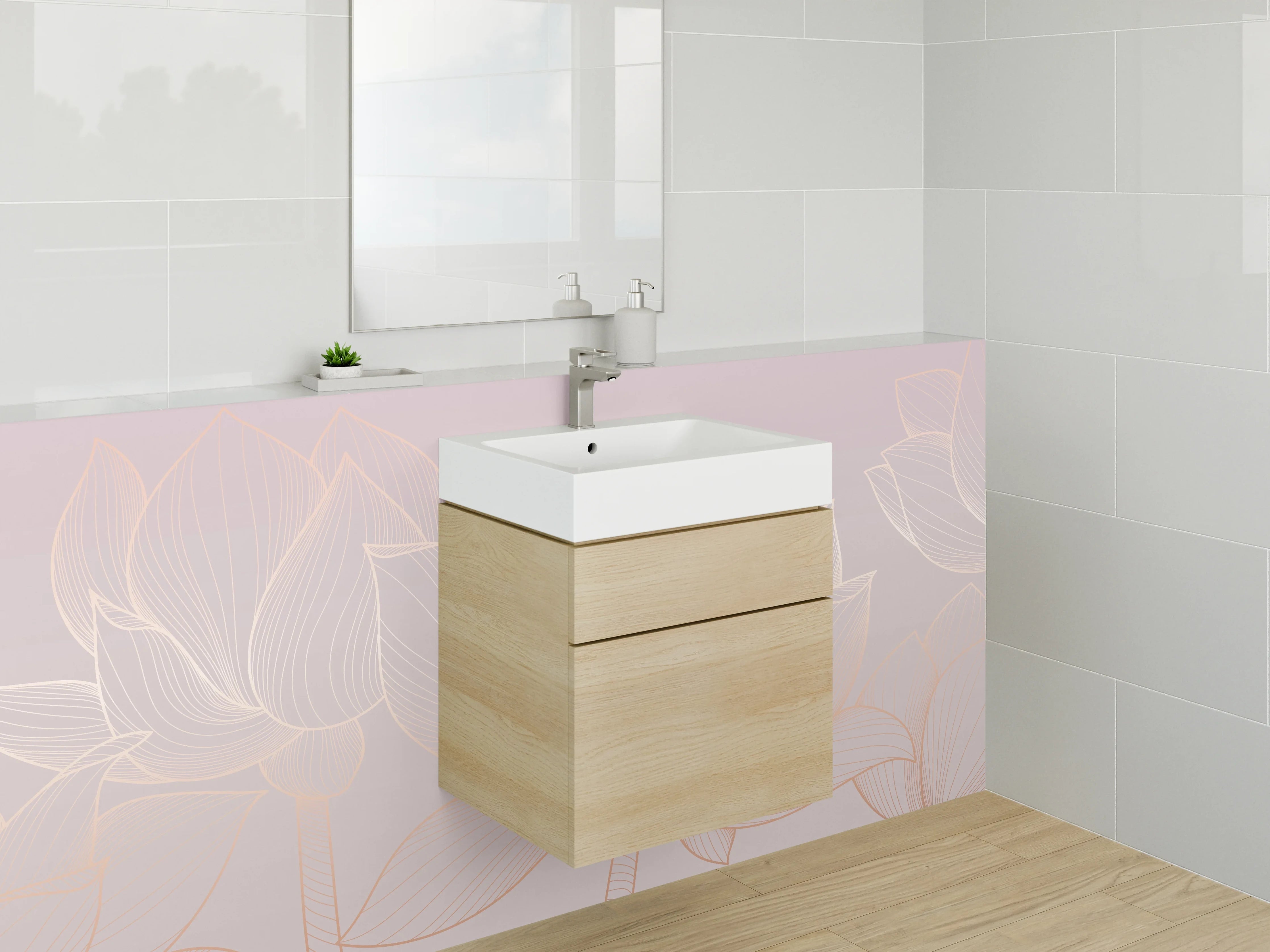 Waschbecken-Rückwand - Zarte Lotus Lineart auf Pastellrosa