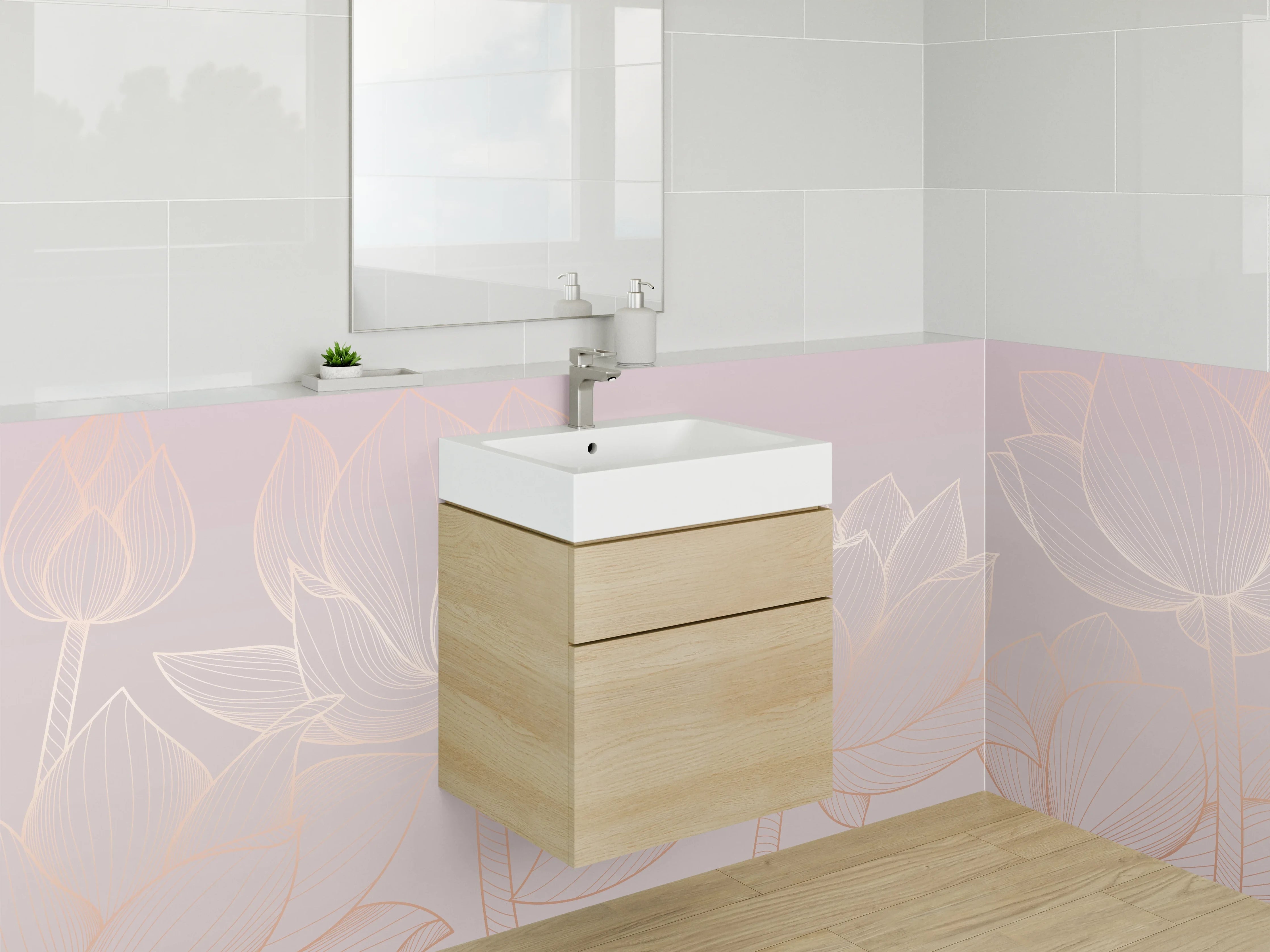 Waschbecken-Rückwand - Zarte Lotus Lineart auf Pastellrosa