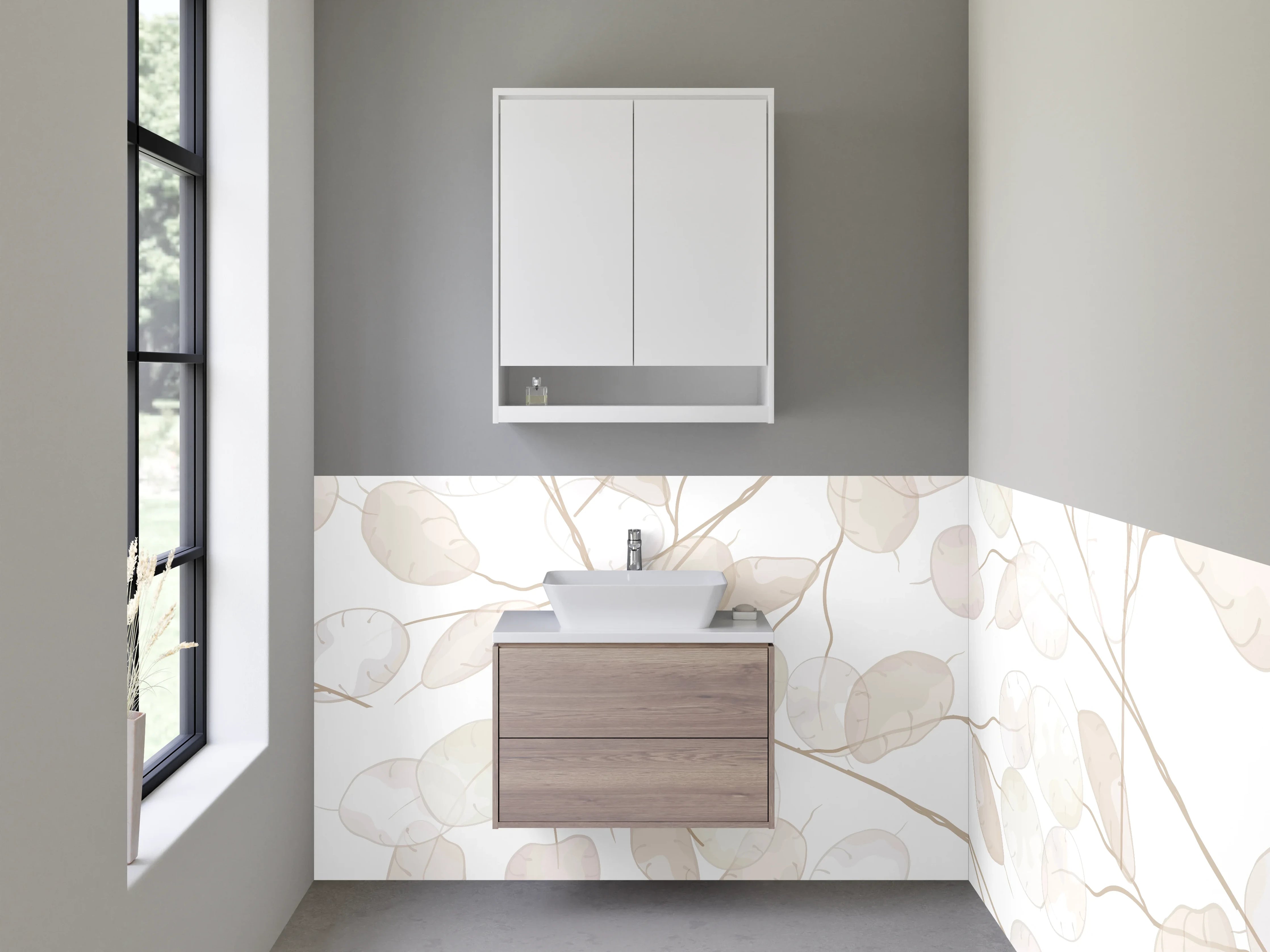Waschbecken-Rückwand - Zarte Pflanzen Aquarell Beige Weiß