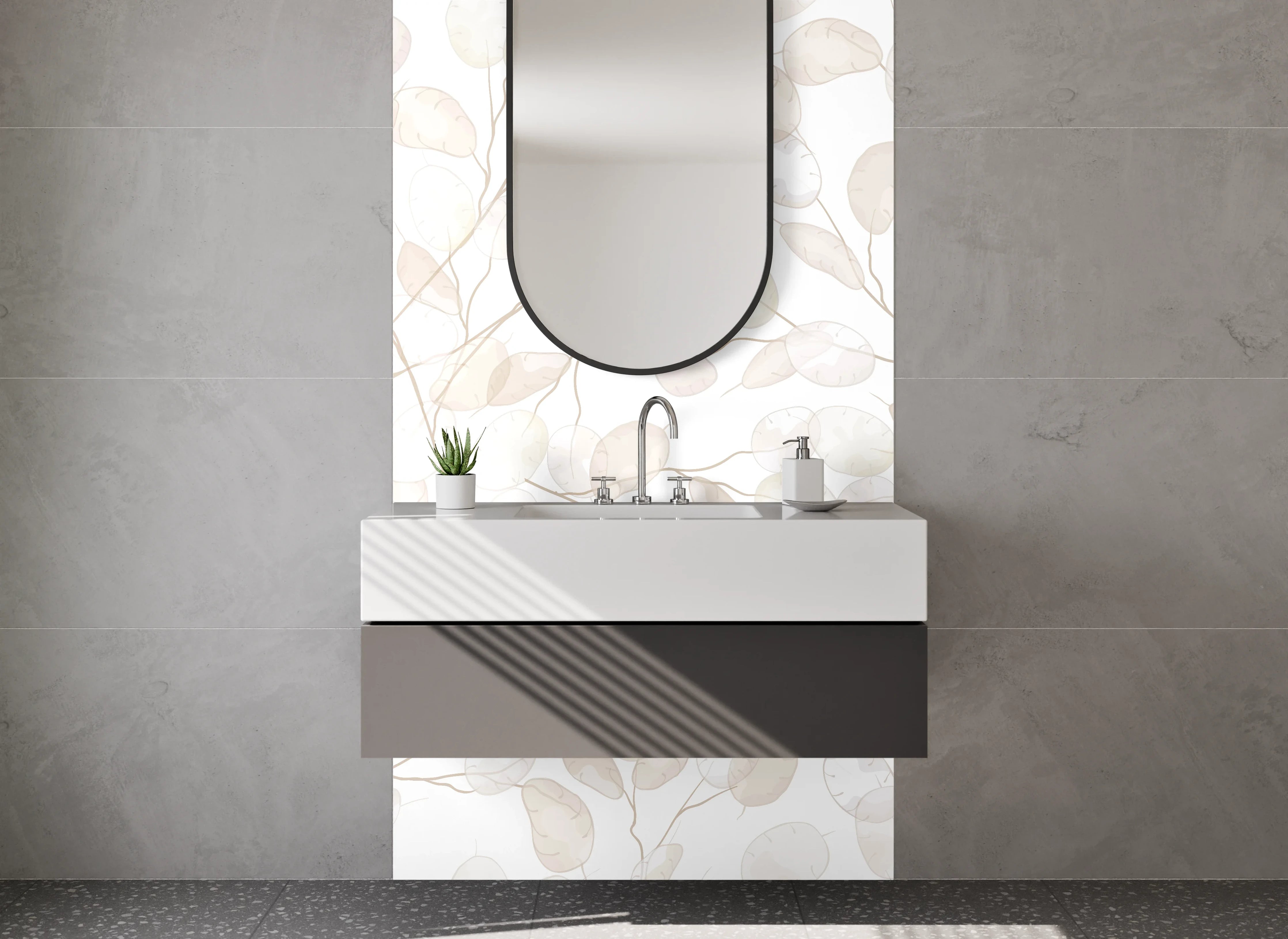 Waschbecken-Rückwand - Zarte Pflanzen Aquarell Beige Weiß