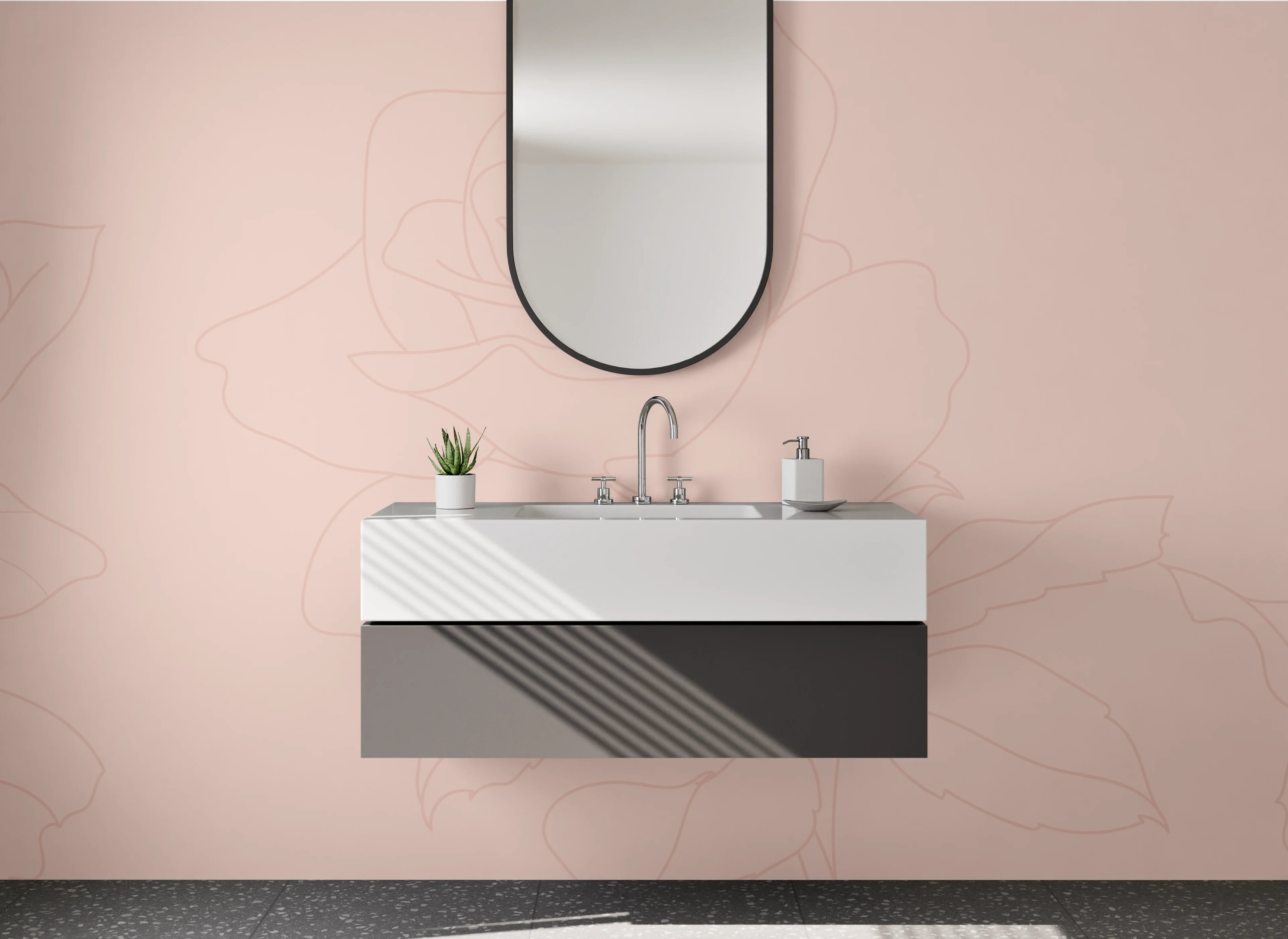 Waschbecken-Rückwand - Zarte Rosen Lineart auf Beige