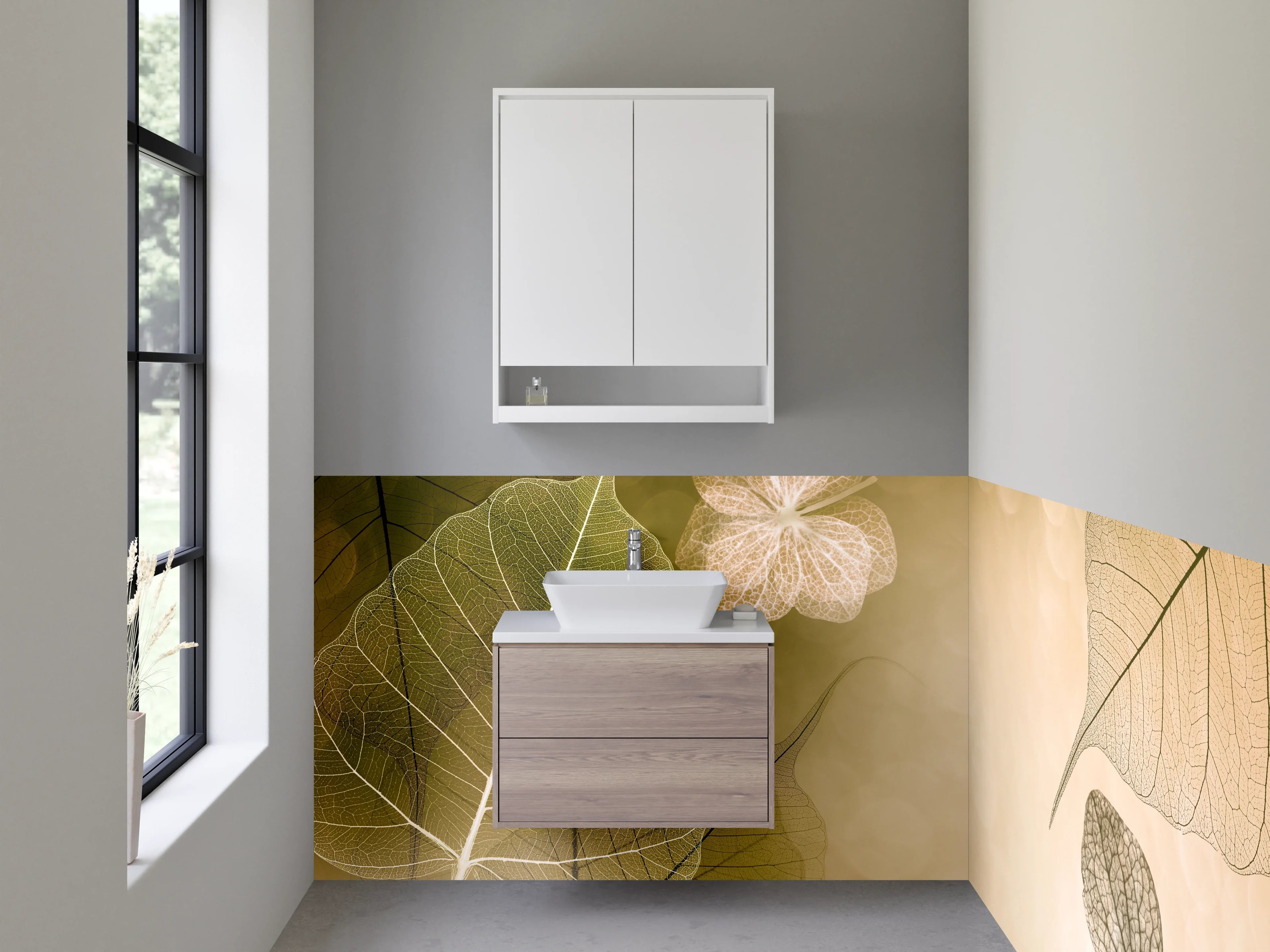 Waschbecken-Rückwand - Zarte Skelettblätter auf Beige
