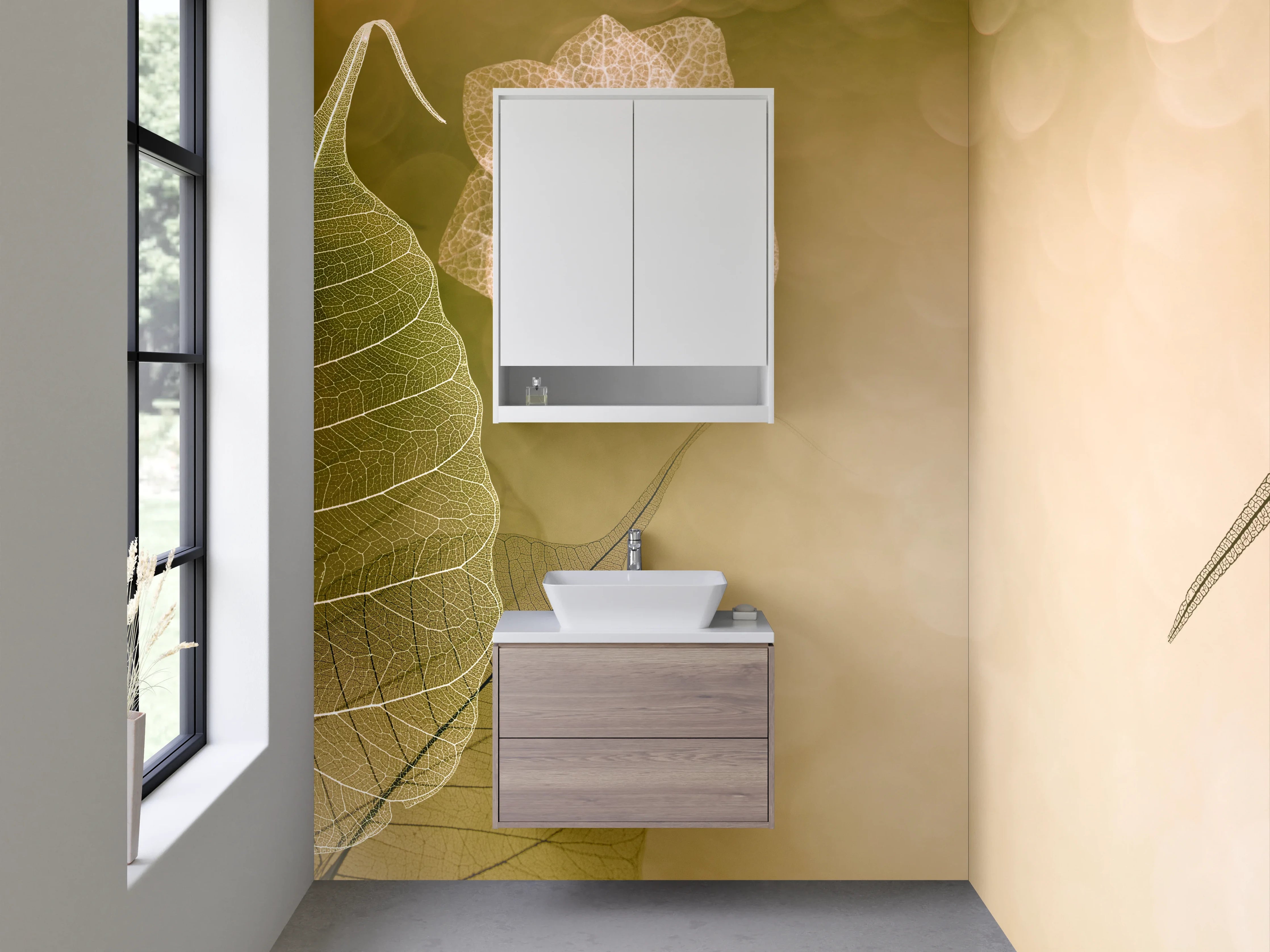 Waschbecken-Rückwand - Zarte Skelettblätter auf Beige