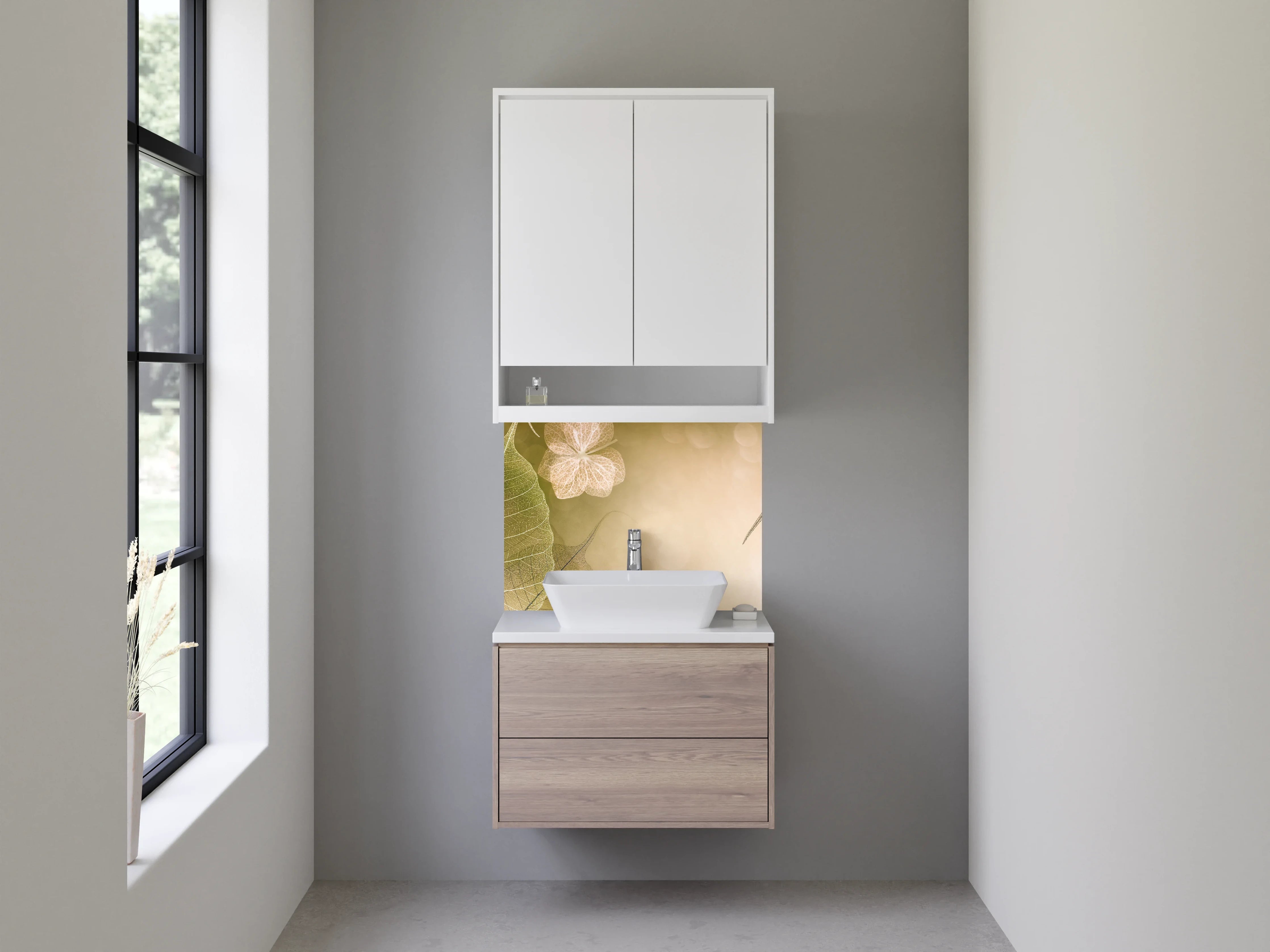 Waschbecken-Rückwand - Zarte Skelettblätter auf Beige