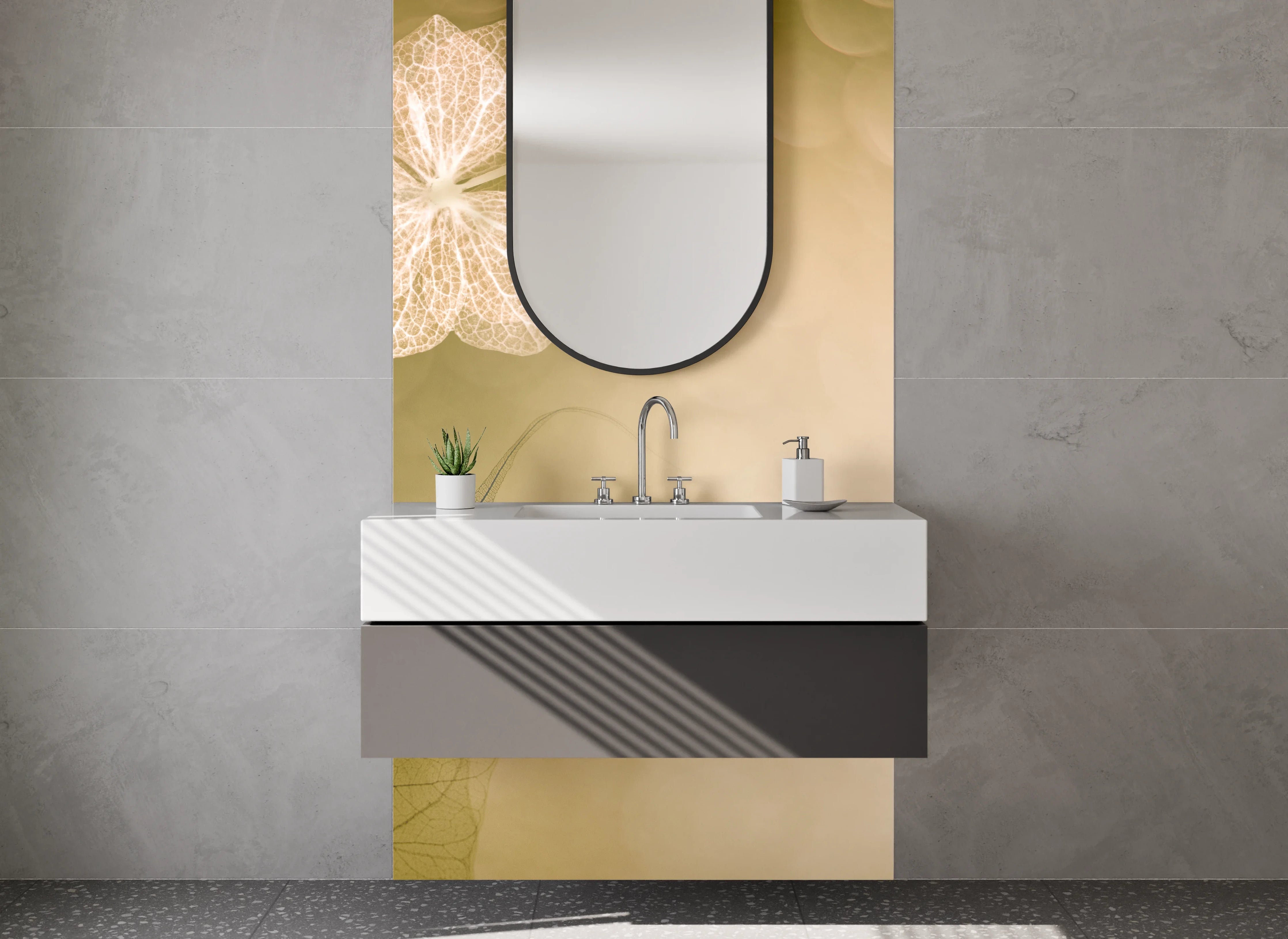 Waschbecken-Rückwand - Zarte Skelettblätter auf Beige
