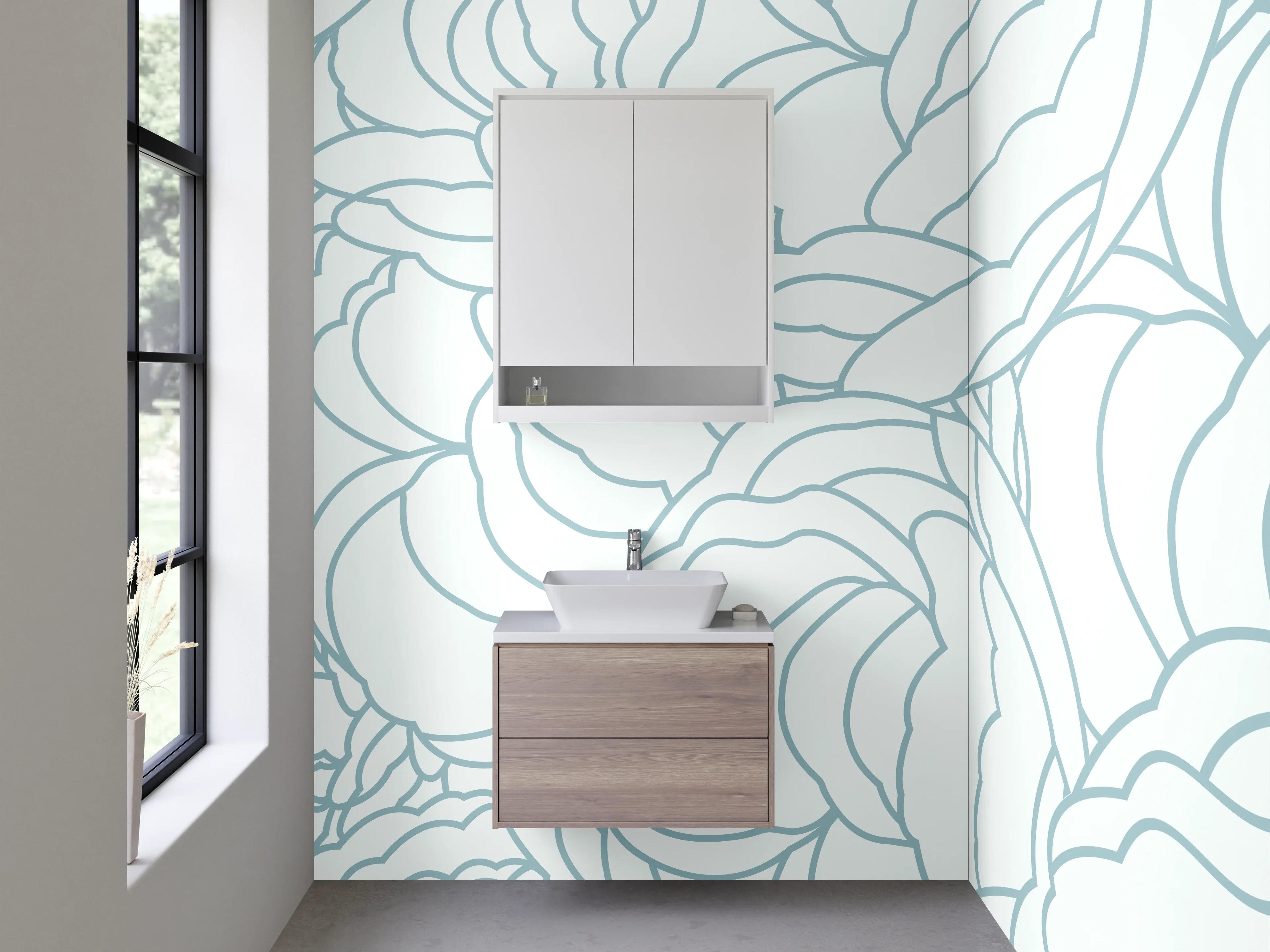 Waschbecken-Rückwand - Zarte florale Lineart Blau Weiß