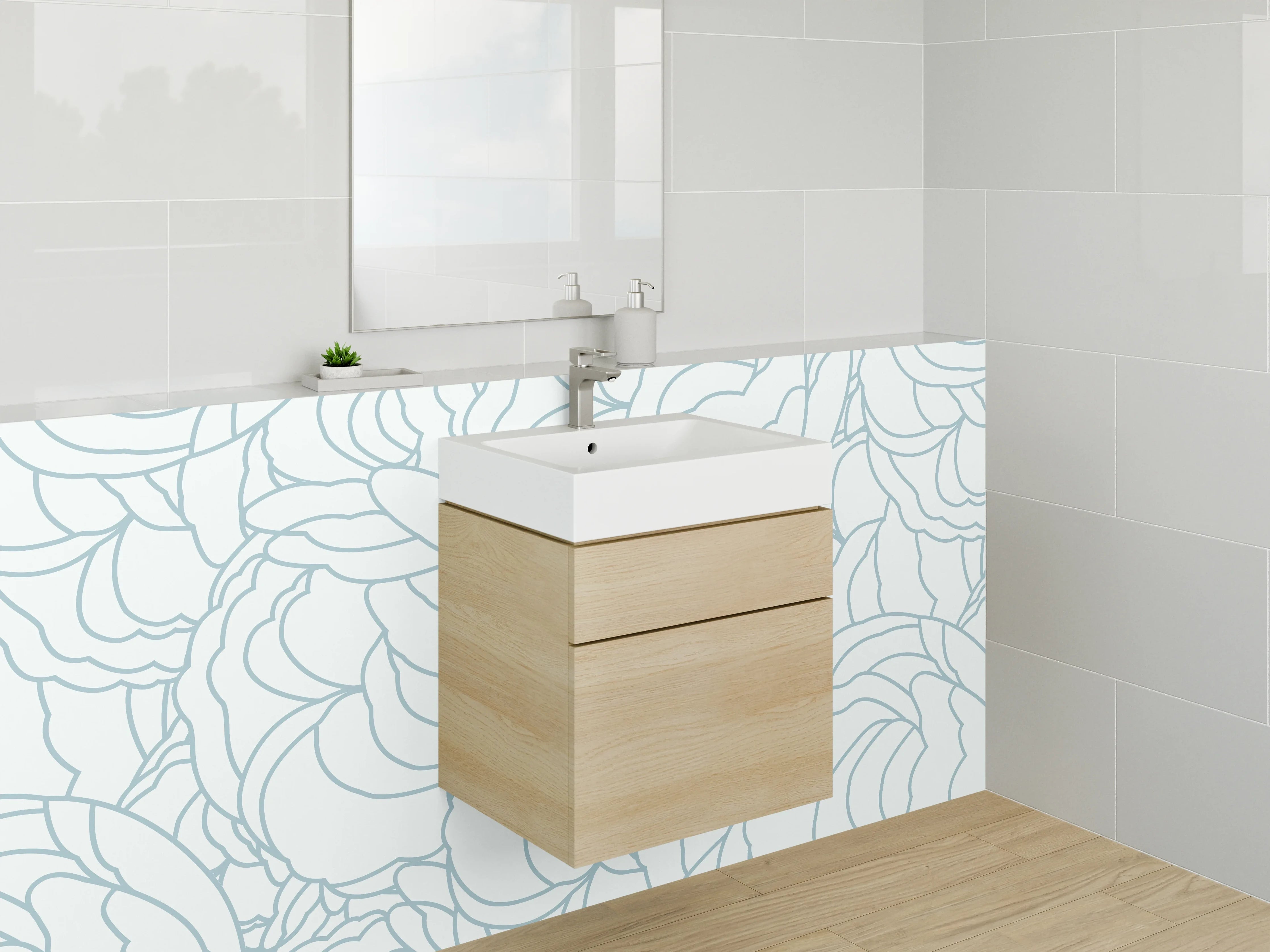 Waschbecken-Rückwand - Zarte florale Lineart Blau Weiß