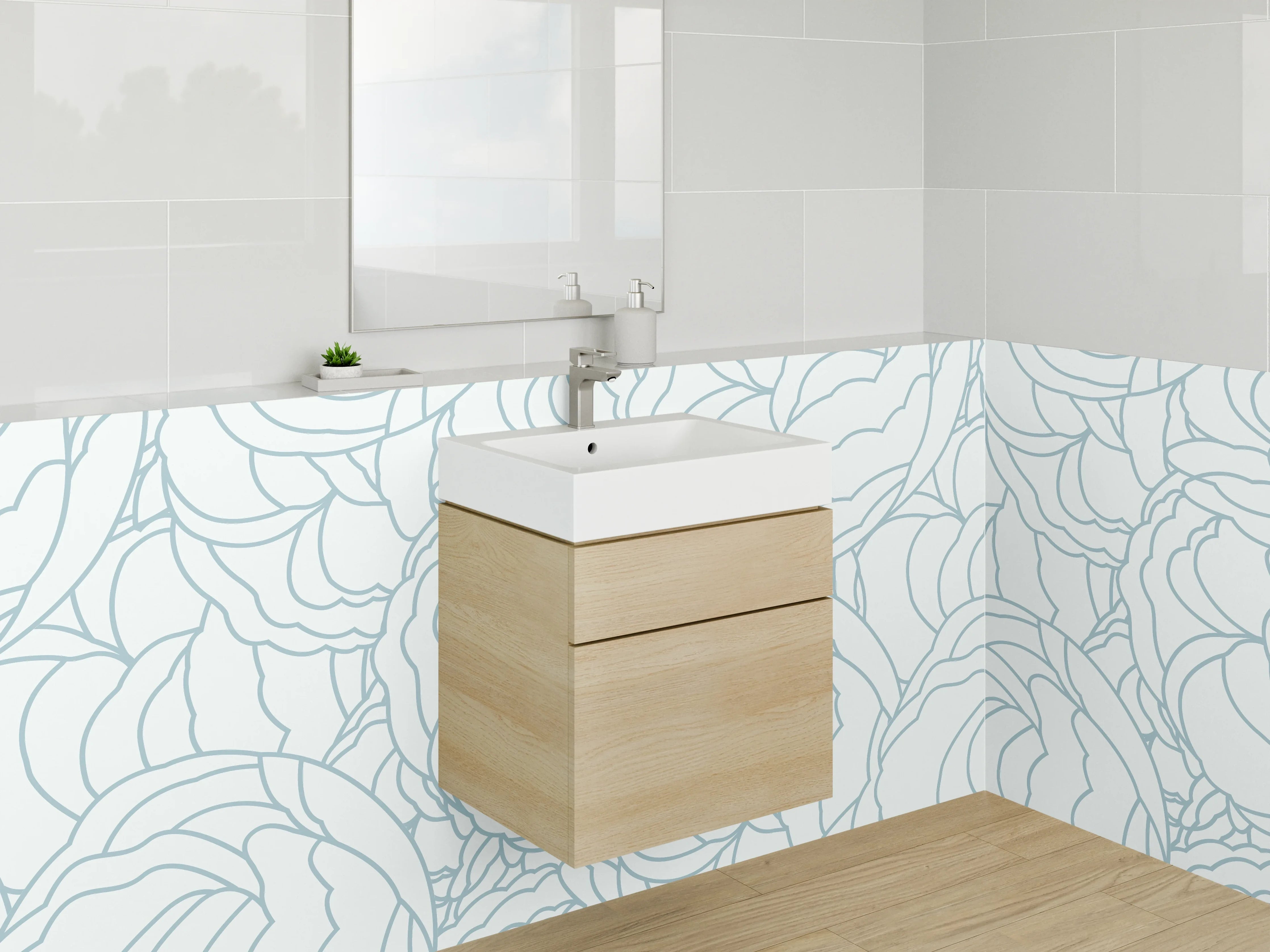 Waschbecken-Rückwand - Zarte florale Lineart Blau Weiß