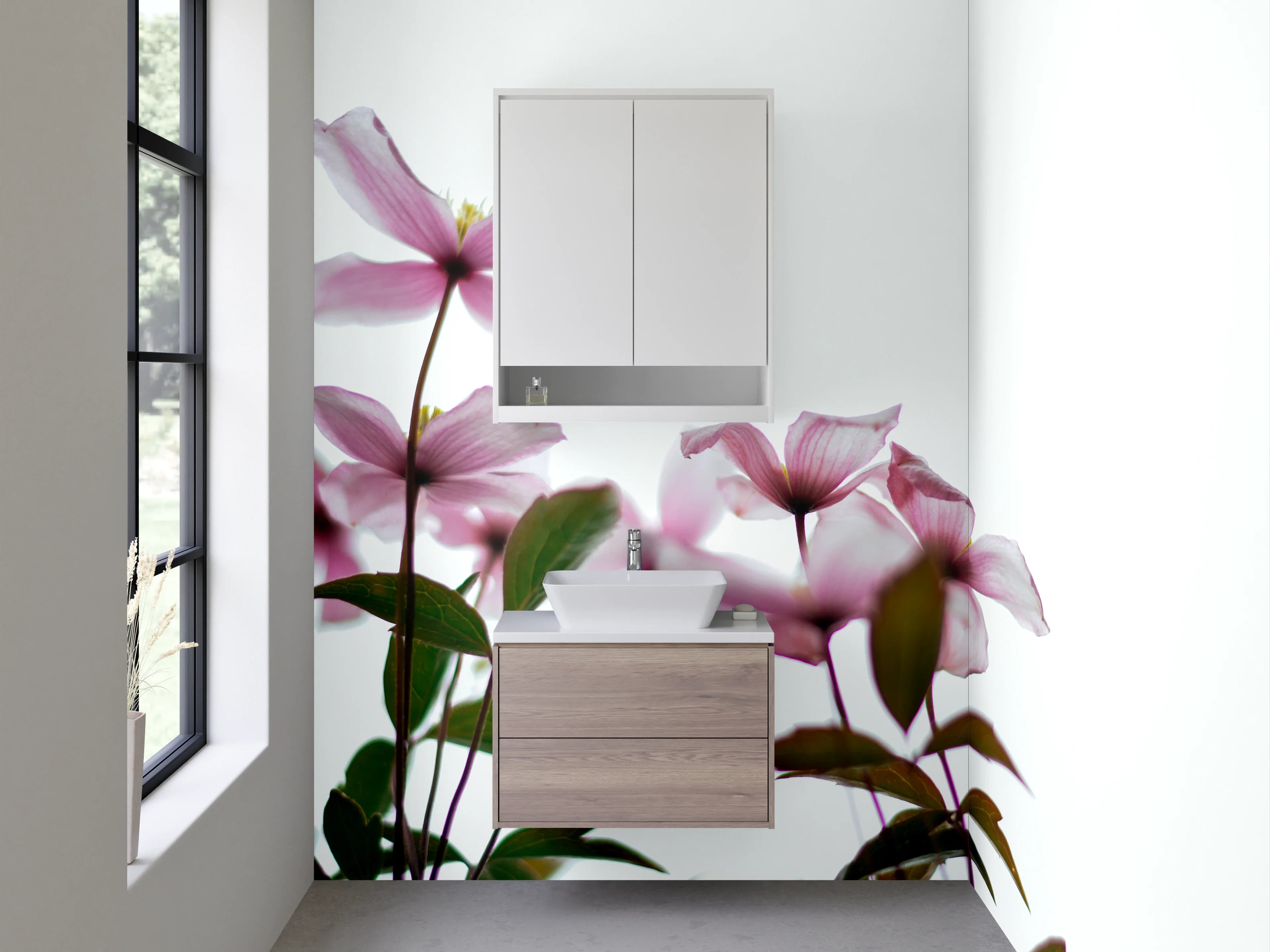 Waschbecken-Rückwand - Zarte rosa Blüten auf Weiß