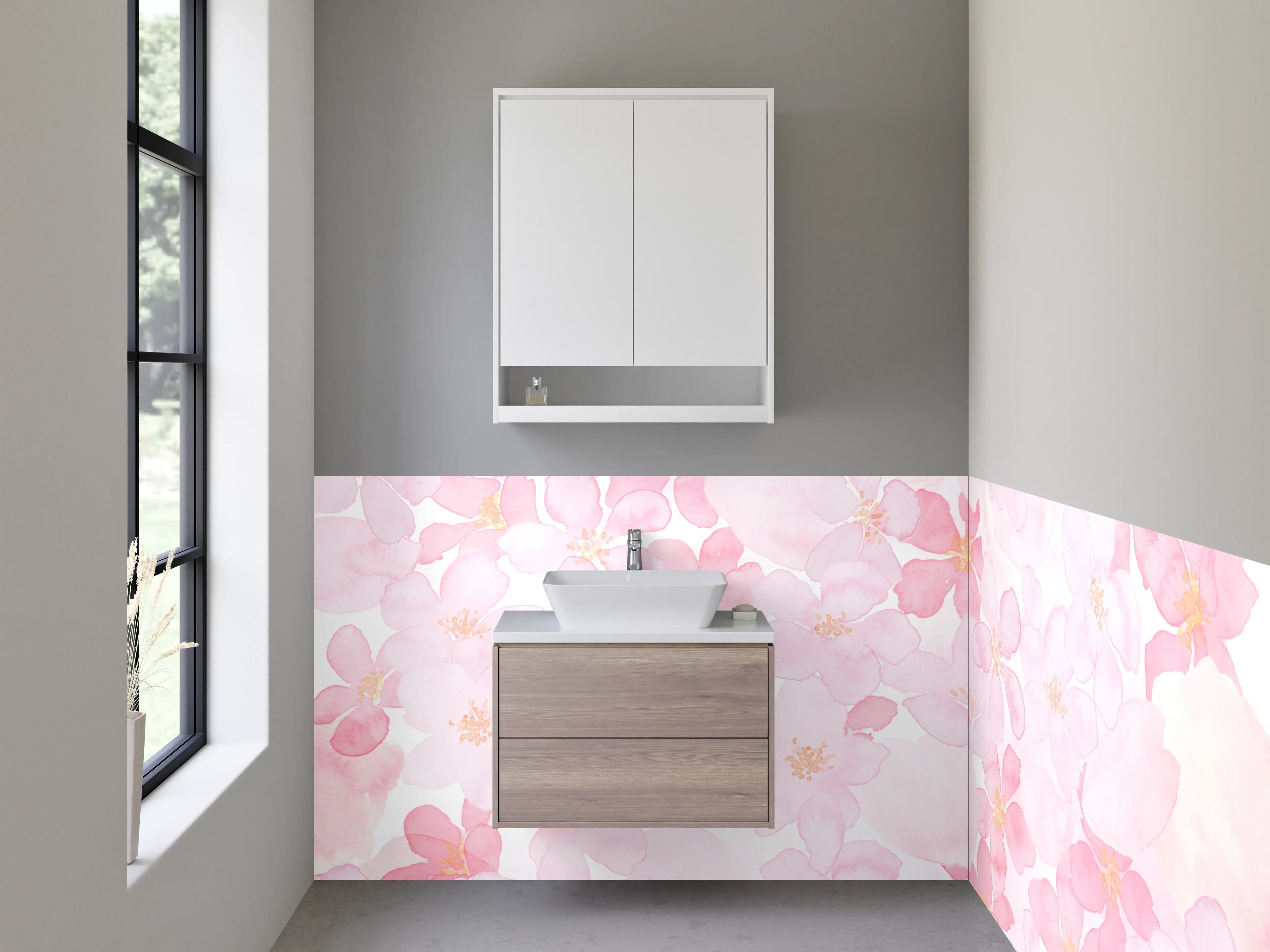 Waschbecken-Rückwand - Zarte rosa Blumenmuster