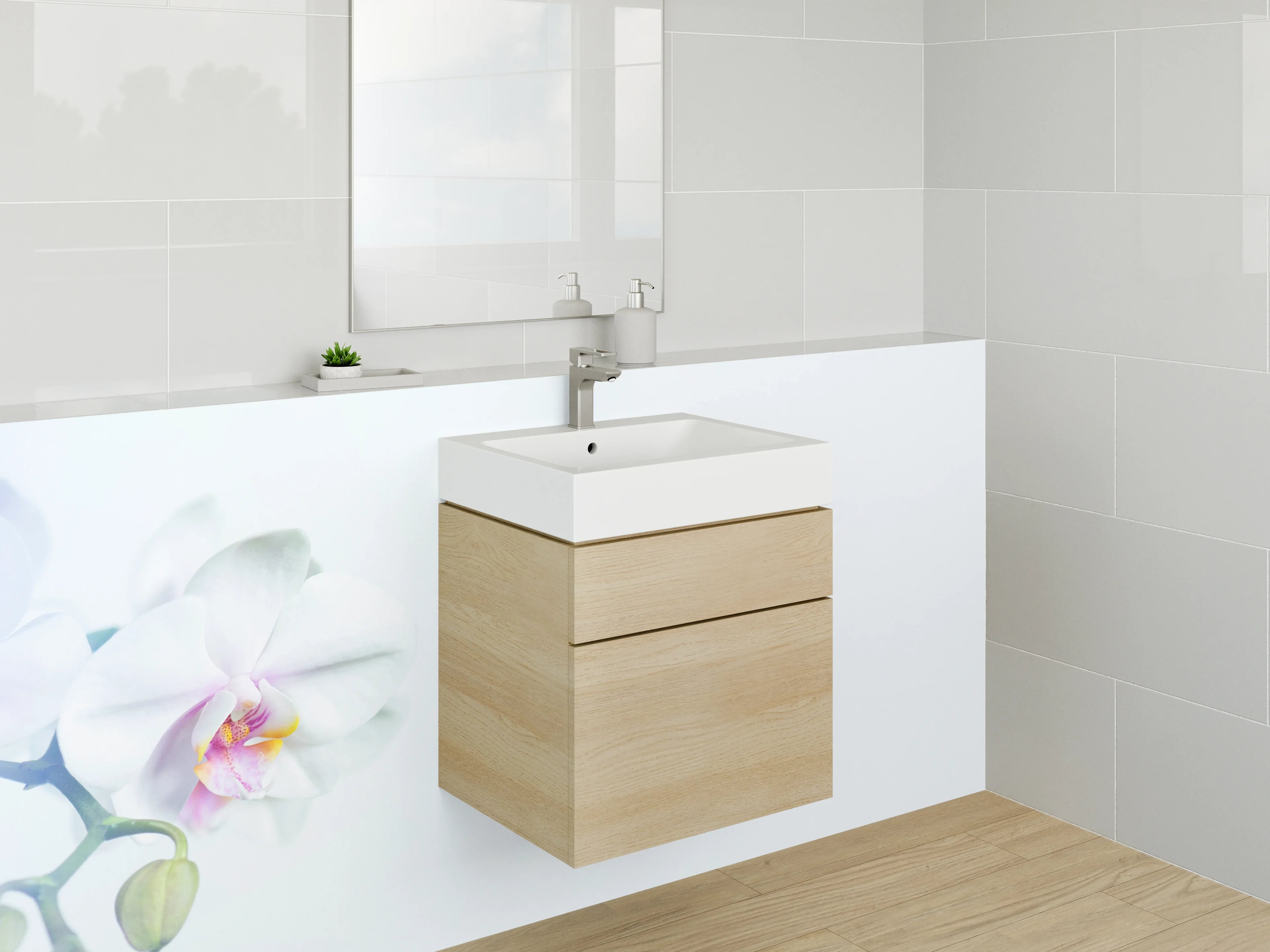 Waschbecken-Rückwand - Zarte weiße Orchidee mit Pastellfarben