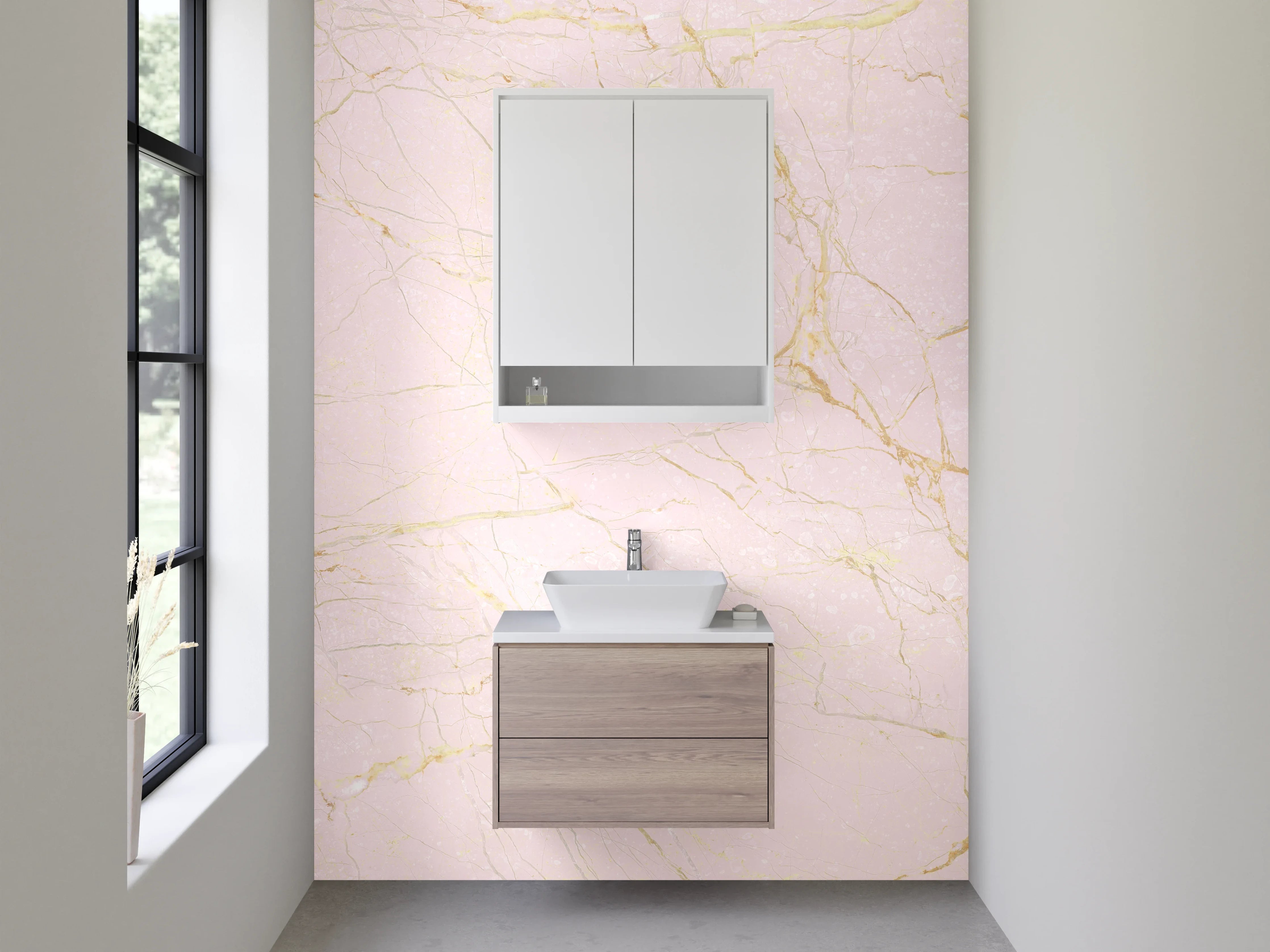 Waschbecken-Rückwand - Zarter Rosamarmor mit goldenen Linien