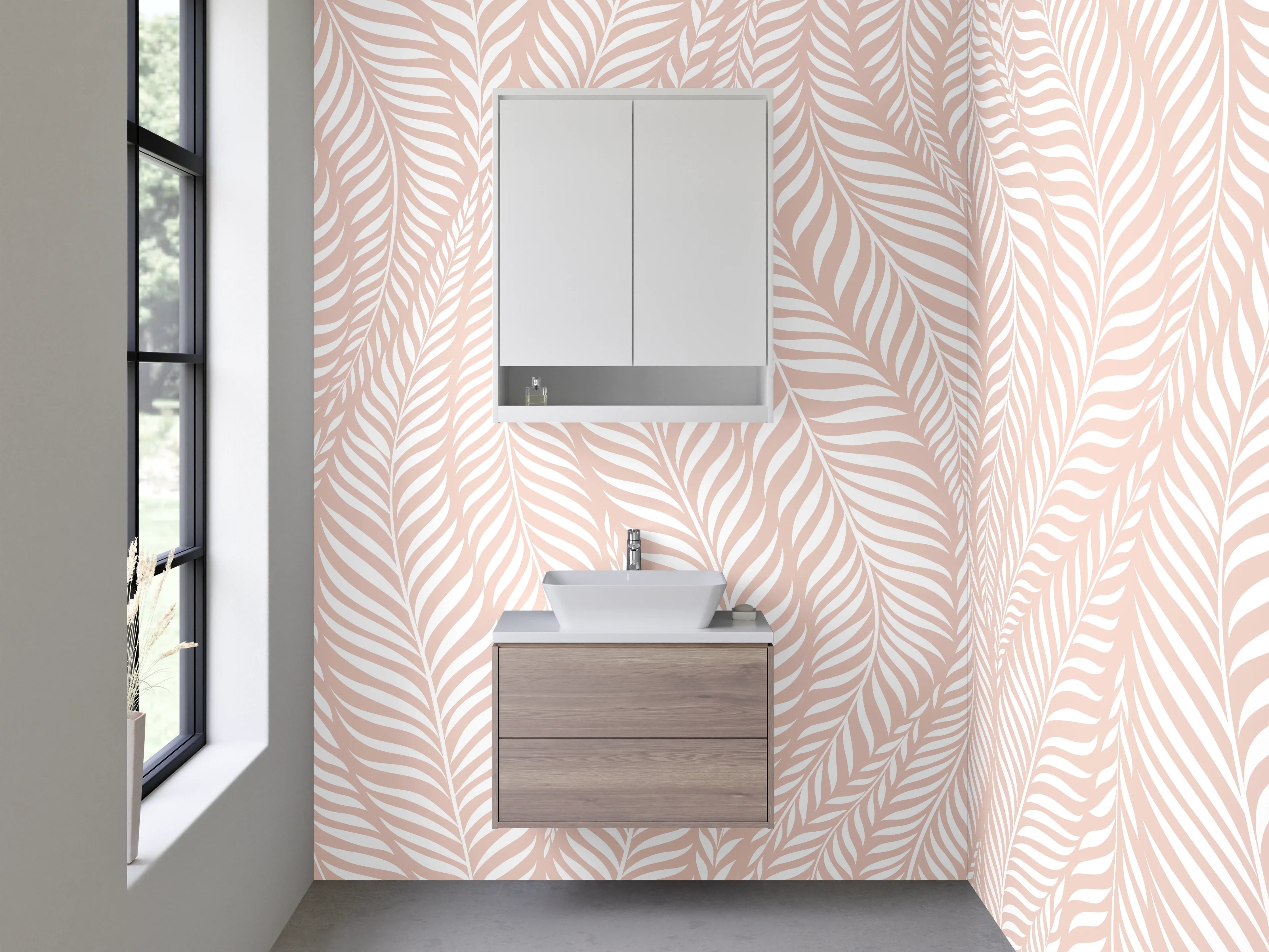 Waschbecken-Rückwand - Zartes Blattmuster Beige Rosa