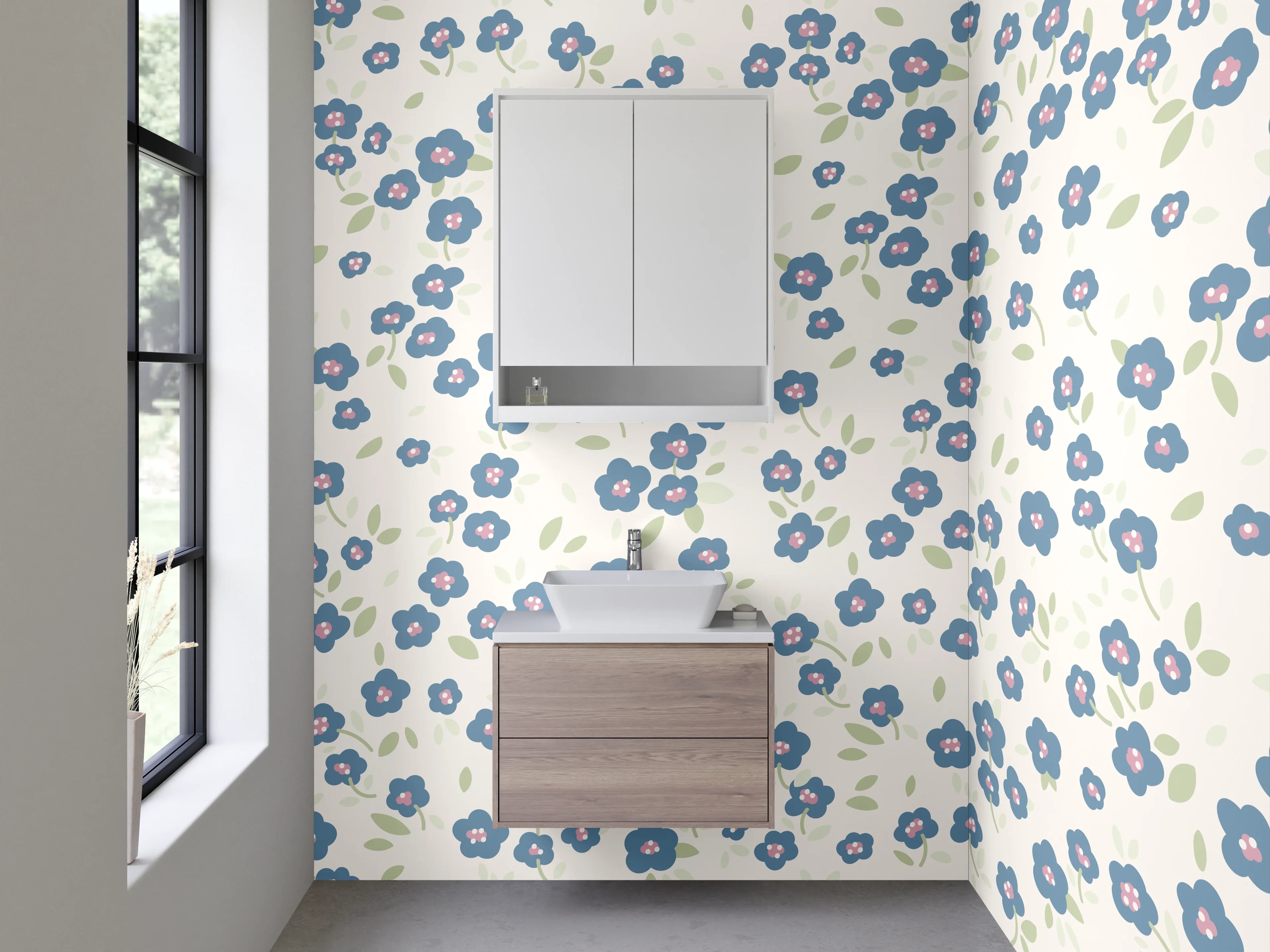 Waschbecken-Rückwand - Zartes Blumenmuster Blau Weiß